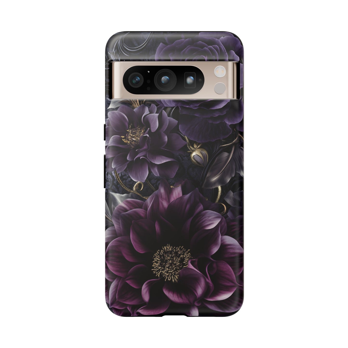 Gothic Dark Floral Phone Case - Aesthetic Purple and Gold Flowers - iPhone 16 15 14 13 12 11, Samsung Galaxy & Google Pixel Phone Covers