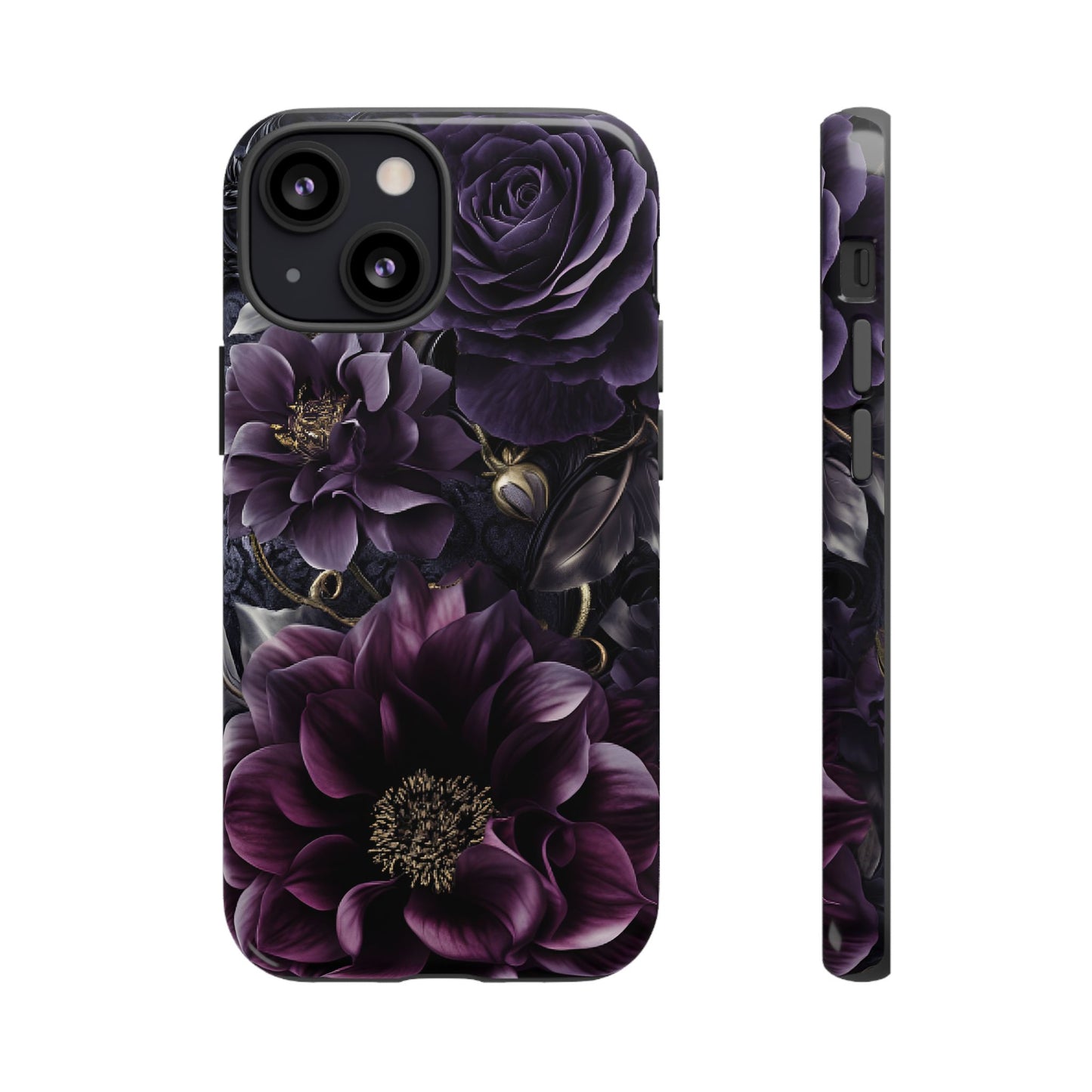 Gothic Dark Floral Phone Case - Aesthetic Purple and Gold Flowers - iPhone 16 15 14 13 12 11, Samsung Galaxy & Google Pixel Phone Covers