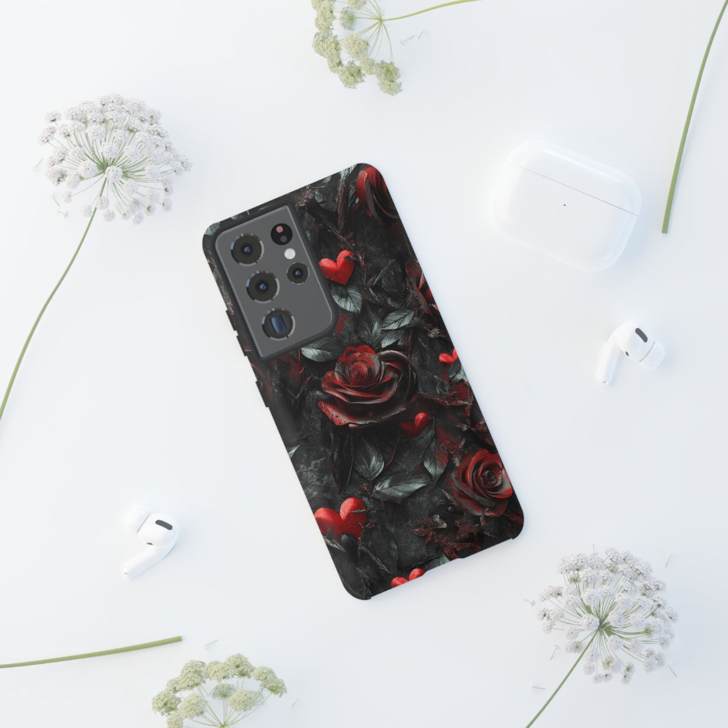 Gothic Valentine Phone Case - Dark Romance Roses and Hearts - iPhone 16 15 14 13 12 11, Samsung Galaxy & Google Pixel Phone Covers