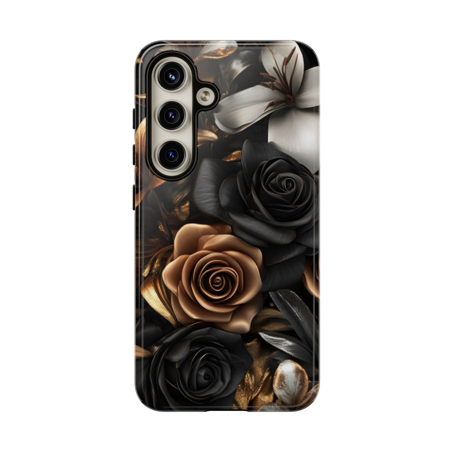 Floral Phone Case - Black and Gold Roses - iPhone 16 15 14 13 12 11, Samsung Galaxy & Google Pixel Phone Covers