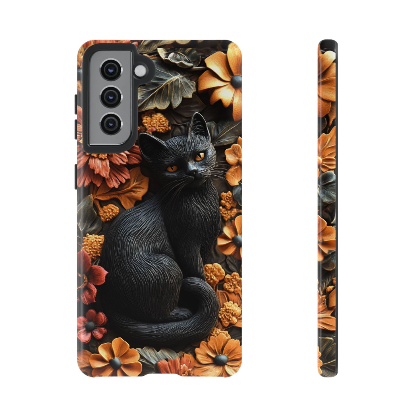 Black Cat Floral Fall Phone Case - Carved Clay Effect Cat Lover Phone Cases - iPhone 16 15 14 13 12 11, Samsung Galaxy & Google Pixel Phone Covers