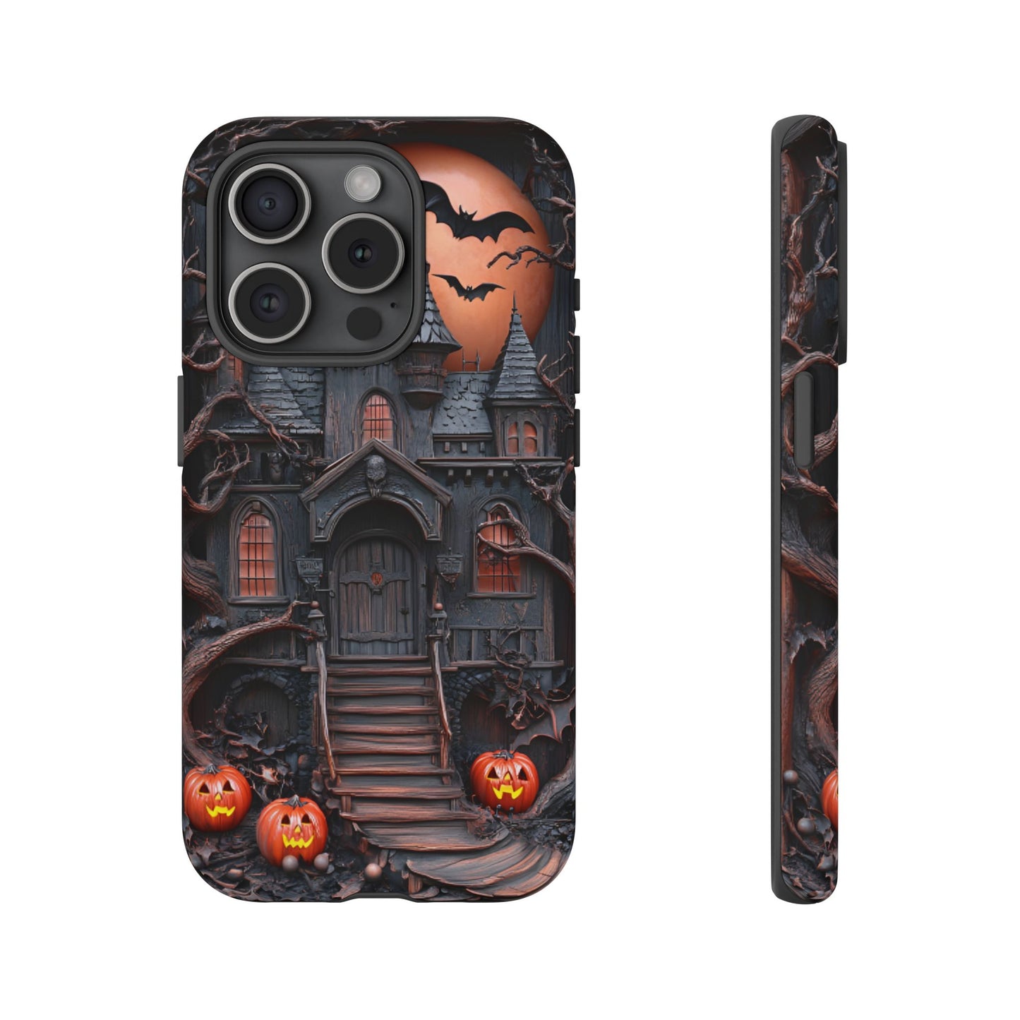 Carved Wood Haunted House Phone Case - Faux Wood Spooky Halloween Phone Cases for iPhone 16 15 14 13 12 11, Samsung Galaxy & Google Pixel