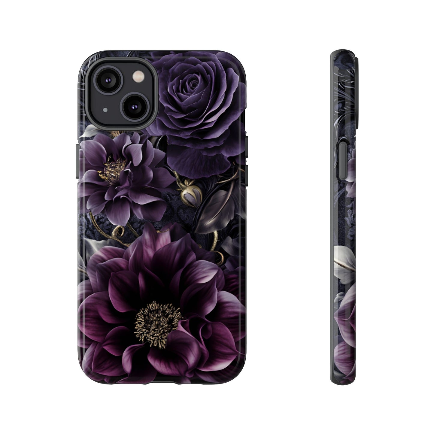 Gothic Dark Floral Phone Case - Aesthetic Purple and Gold Flowers for iPhone 16 15 14 13 12 11, Samsung Galaxy & Google Pixel