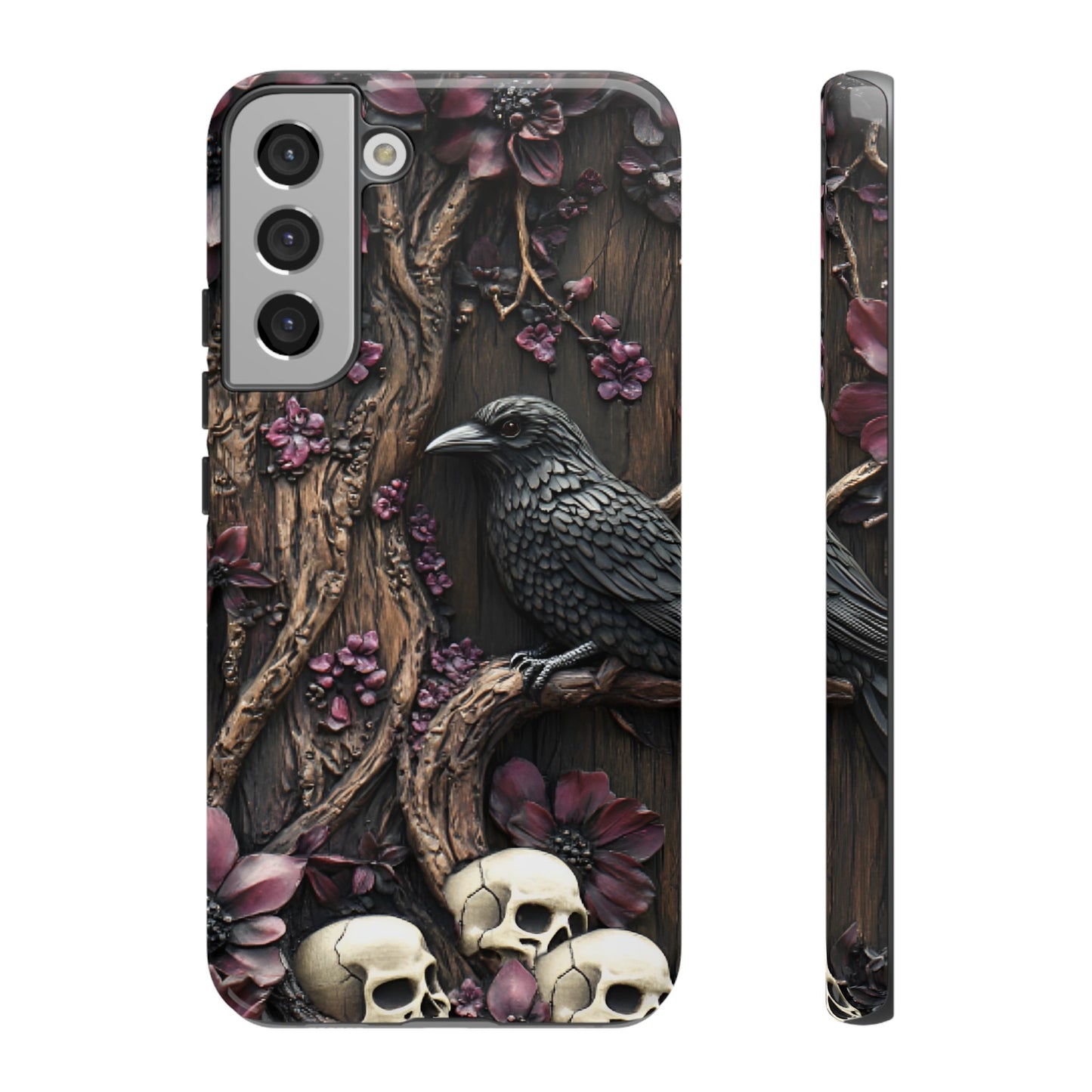 Raven and Skulls Phone Case - Gothic Faux Wood Phone Cases - iPhone 16 15 14 13 12 11, Samsung Galaxy & Google Pixel Phone Covers