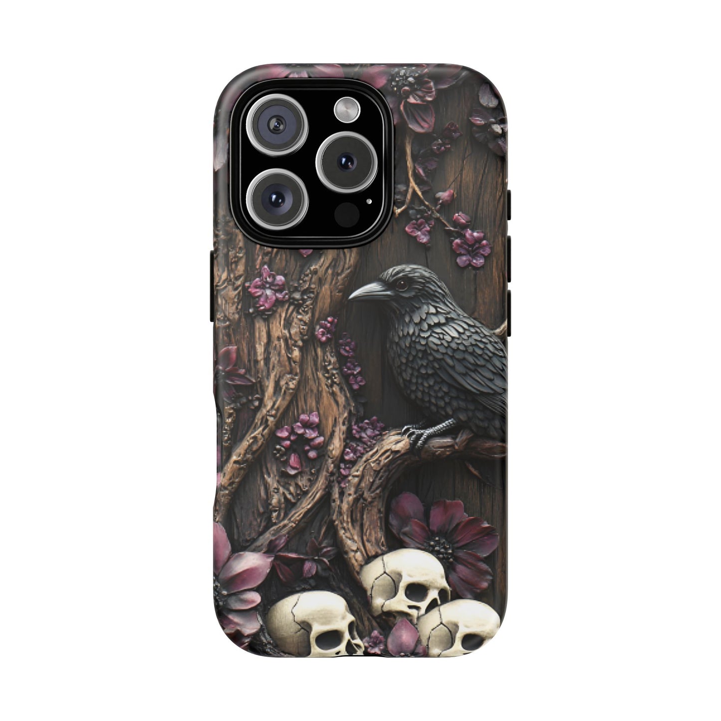 Raven and Skulls Phone Case - Gothic Faux Wood Phone Cases - iPhone 16 15 14 13 12 11, Samsung Galaxy & Google Pixel Phone Covers