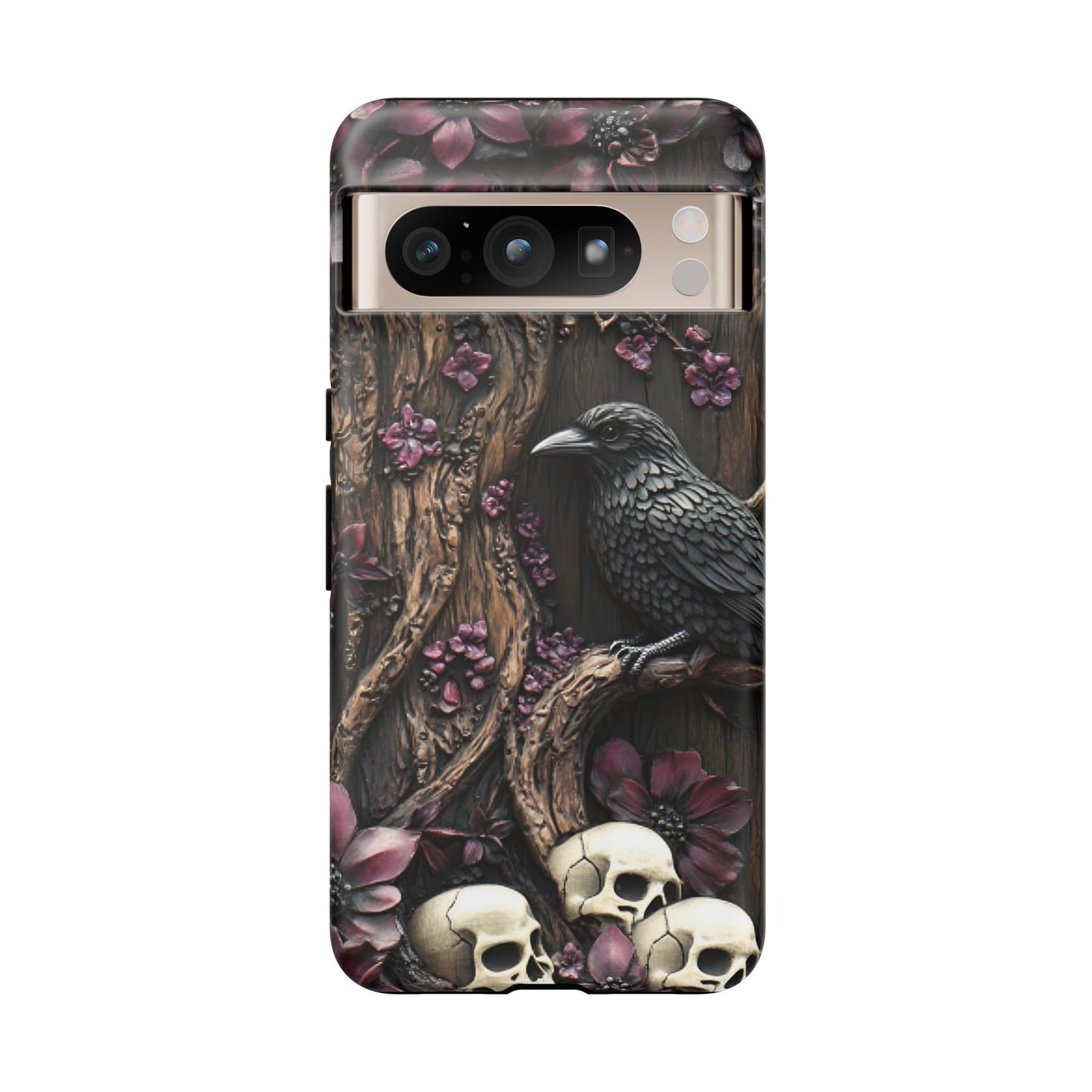 Raven and Skulls Phone Case - Gothic Faux Wood Phone Cases - iPhone 16 15 14 13 12 11, Samsung Galaxy & Google Pixel Phone Covers