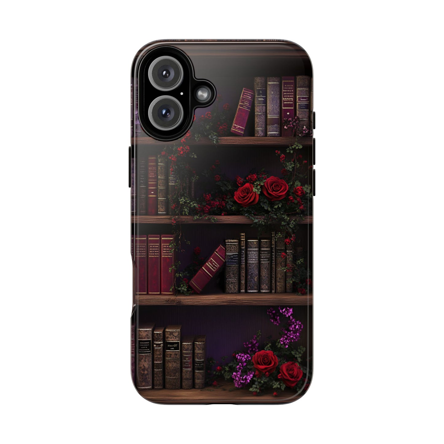 Book Lovers Phone Case - Roses and Books in Moody Vintage Bookshelf - iPhone 16 15 14 13 12 11, Samsung Galaxy & Google Pixel Phone Covers - Boo and Bewear