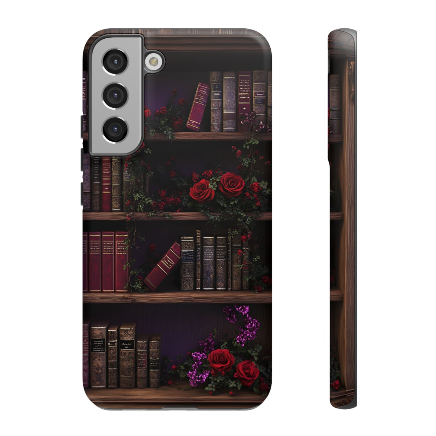 Book Lovers Phone Case - Roses and Books in Moody Vintage Bookshelf - iPhone 16 15 14 13 12 11, Samsung Galaxy & Google Pixel Phone Covers