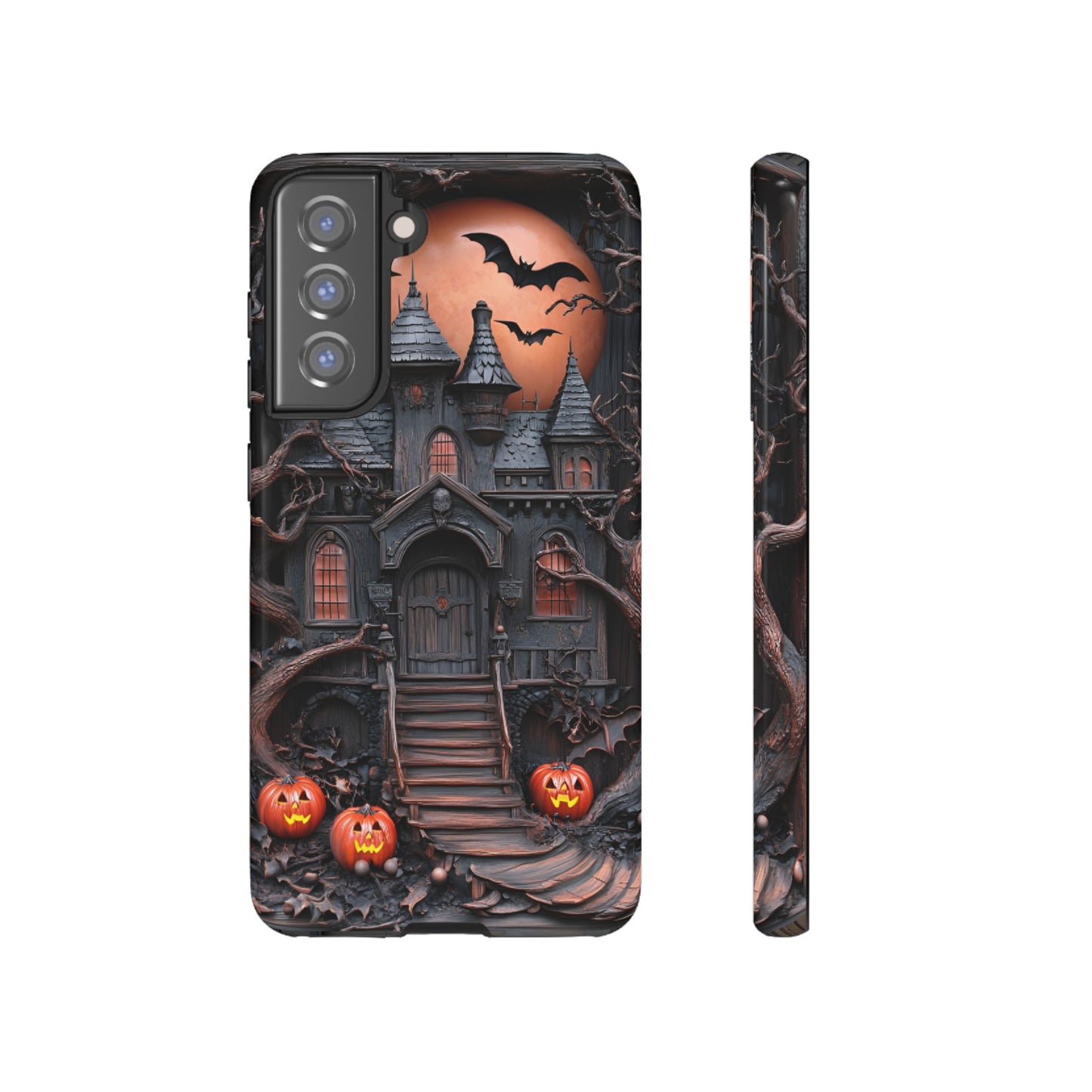 Carved Wood Haunted House Phone Case - Faux Wood Spooky Halloween Phone Cases for iPhone 16 15 14 13 12 11, Samsung Galaxy & Google Pixel