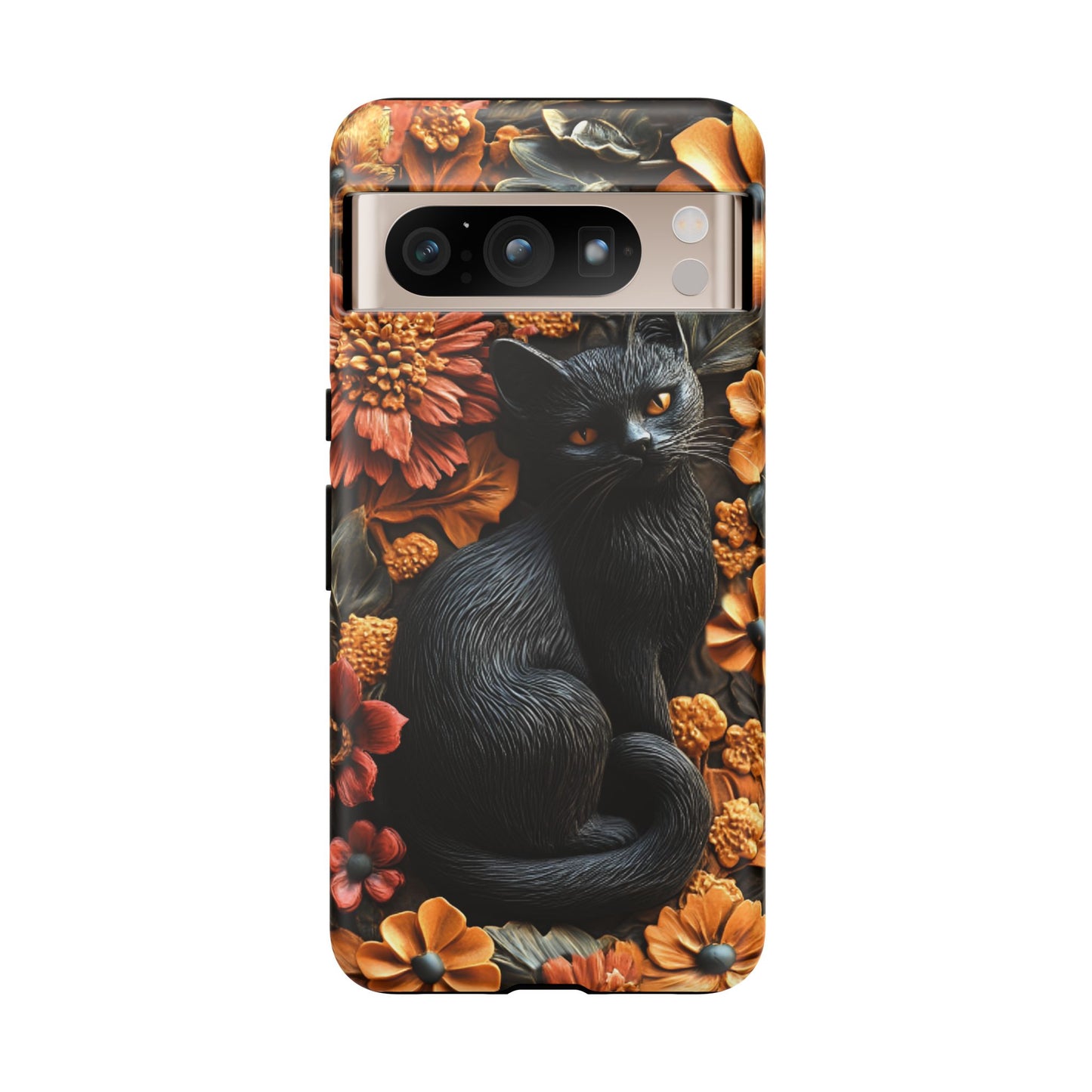 Black Cat Floral Fall Phone Case - Carved Clay Effect Cat Lover Phone Cases for iPhone 16 15 14 13 12 11, Samsung Galaxy & Google Pixel