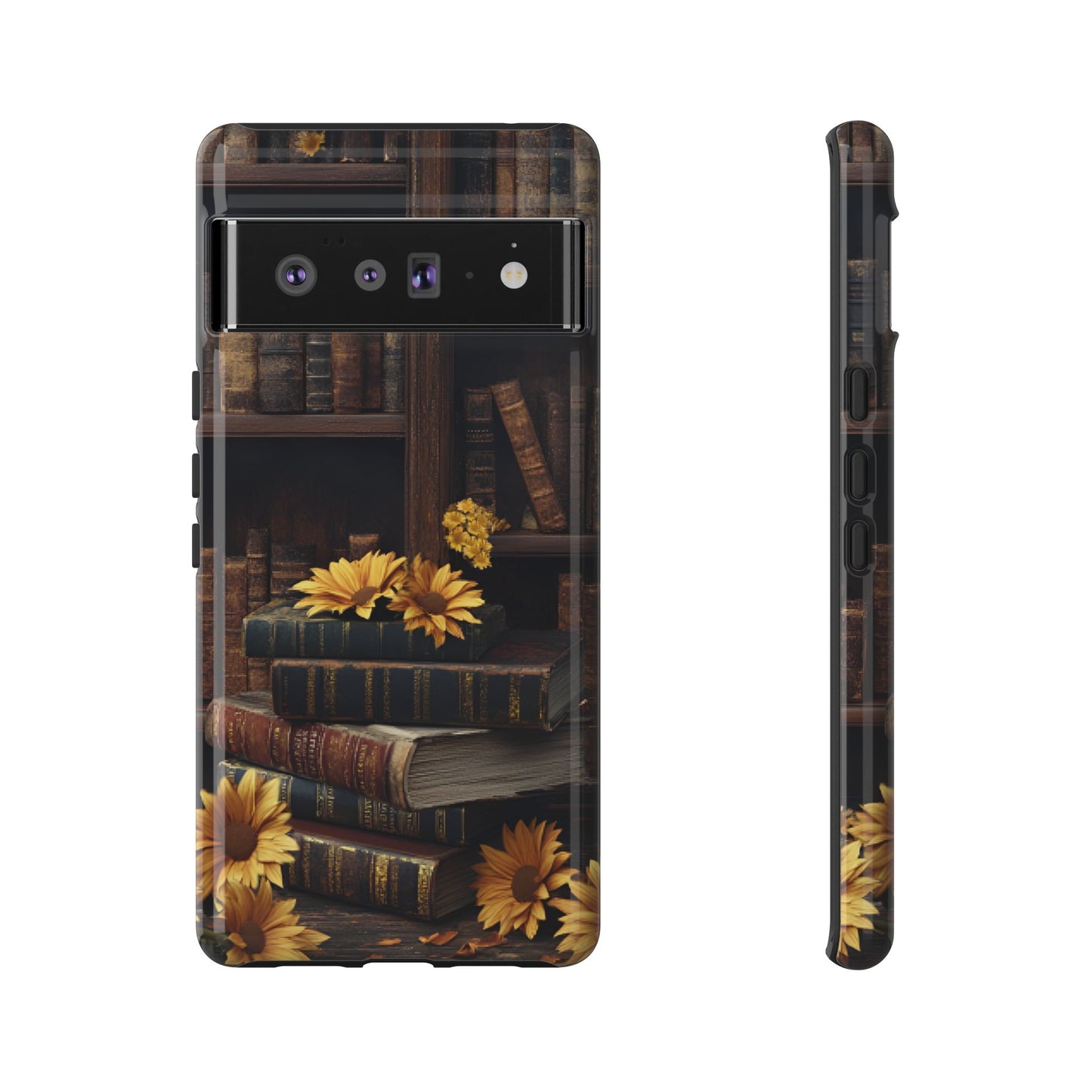 Vintage Books and Sunflowers Phone Case - Dark Academia Library Phone Cases for iPhone 16 15 14 13 12 11, Samsung Galaxy & Google Pixel