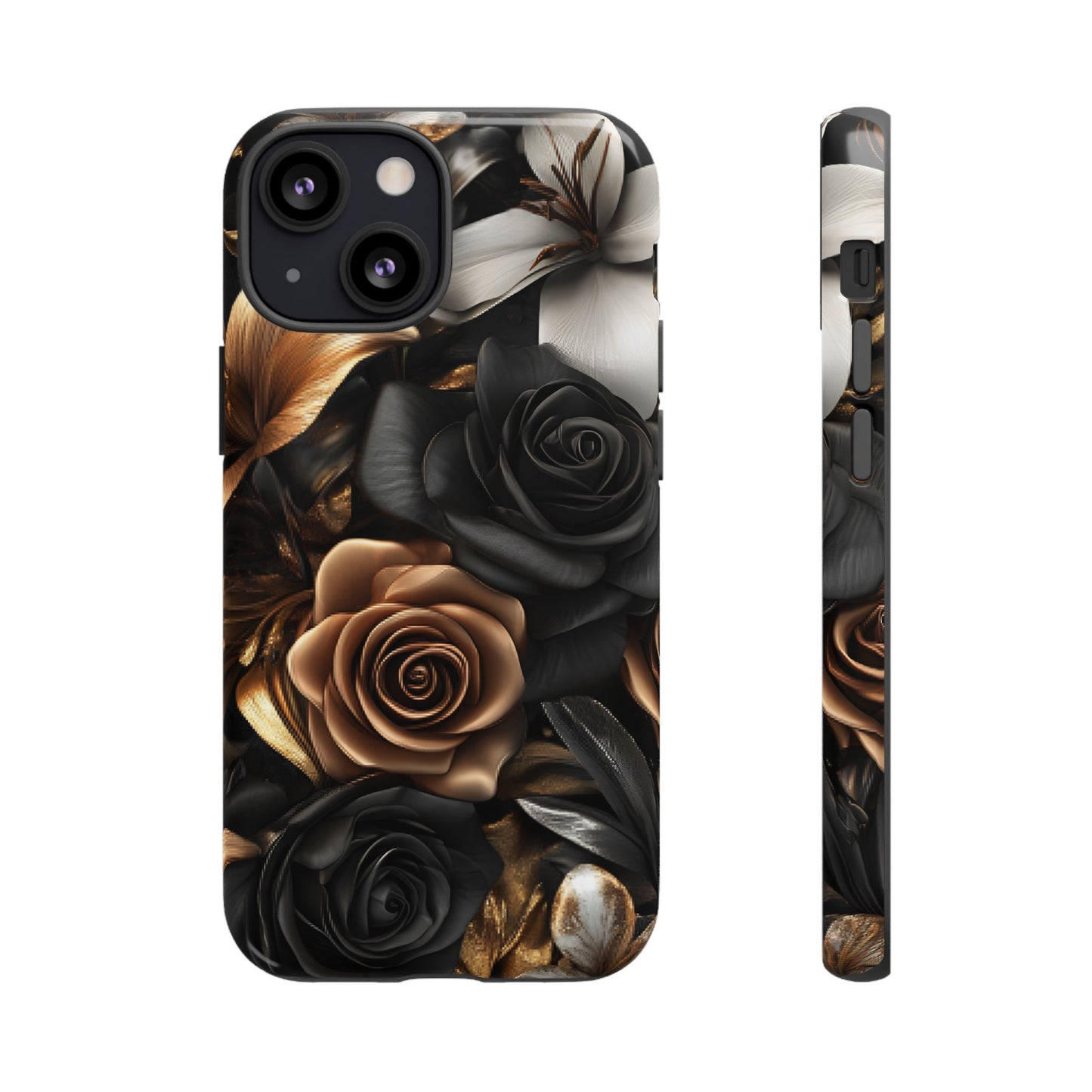 Floral Phone Case - Black and Gold Roses for iPhone 16 15 14 13 12 11, Samsung Galaxy & Google Pixel