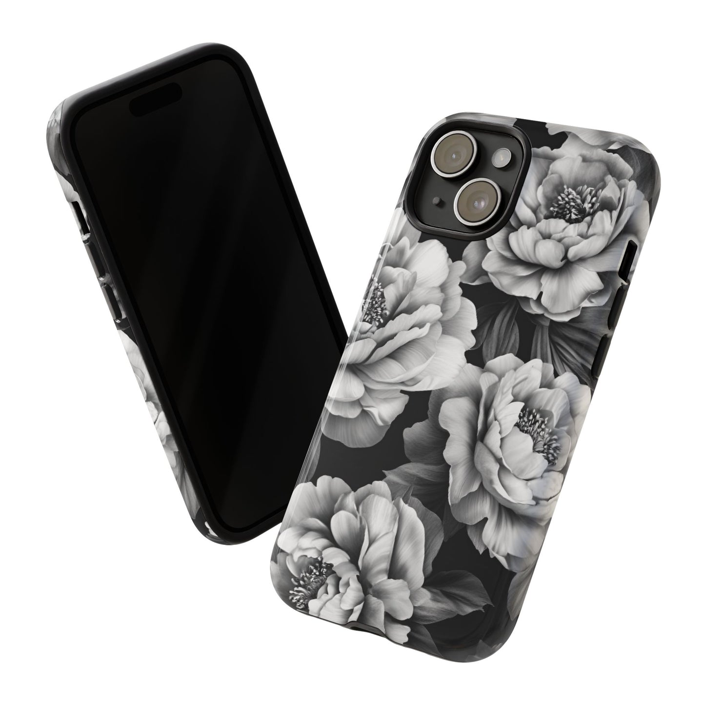 Black and White Peony Flower Phone Case - Aesthetic Dark Floral Phone Cases for iPhone 16 15 14 13 12 11, Samsung Galaxy & Google Pixel