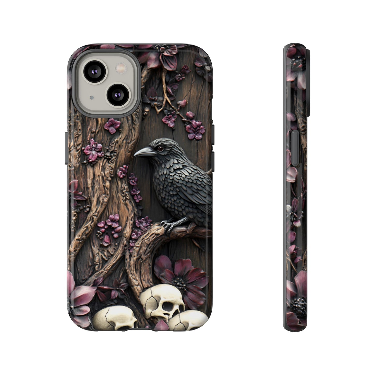 Raven and Skulls Phone Case - Gothic Faux Wood Phone Cases - iPhone 16 15 14 13 12 11, Samsung Galaxy & Google Pixel Phone Covers