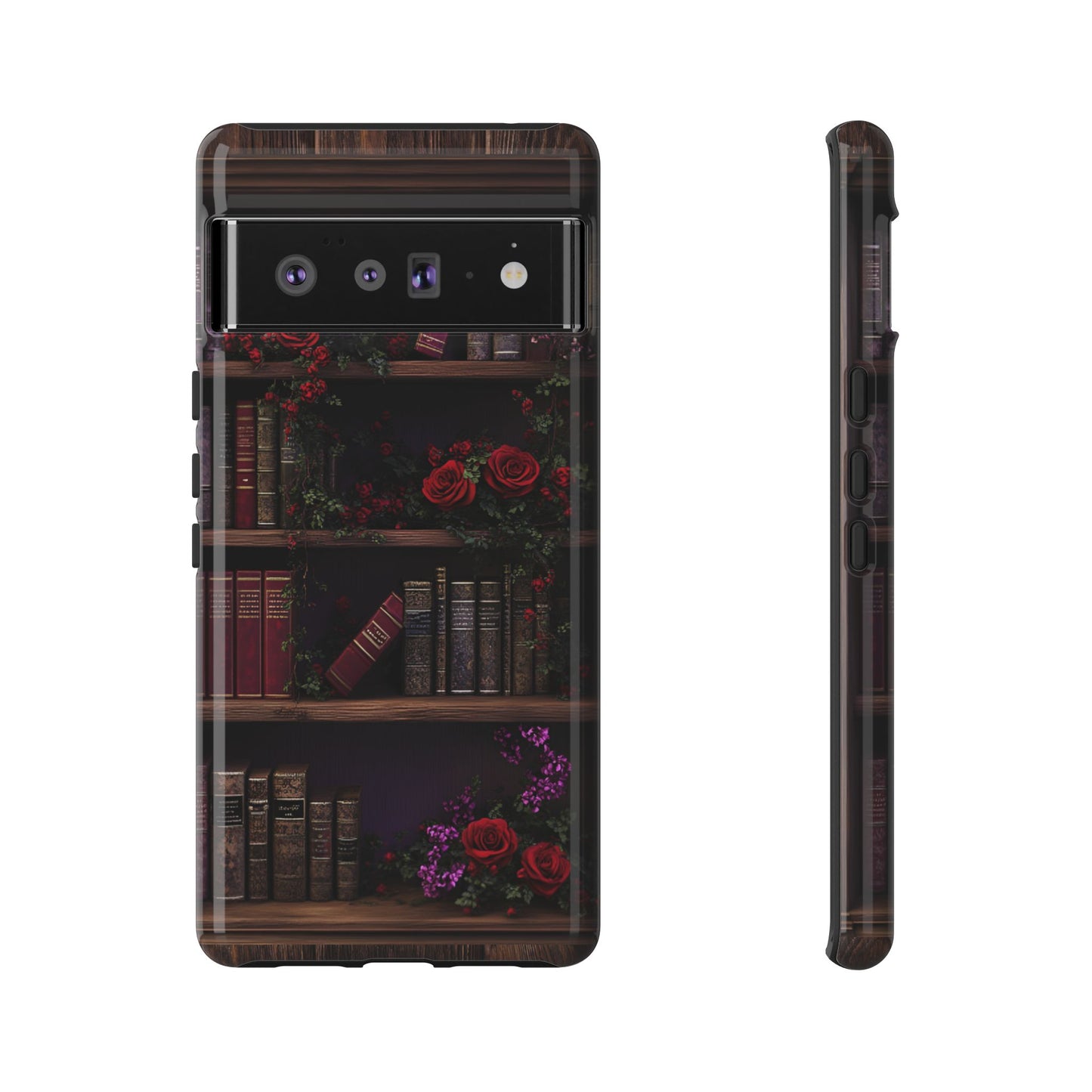 Book Lovers Phone Case - Roses and Books in Moody Vintage Bookshelf for iPhone 16 15 14 13 12 11, Samsung Galaxy & Google Pixel