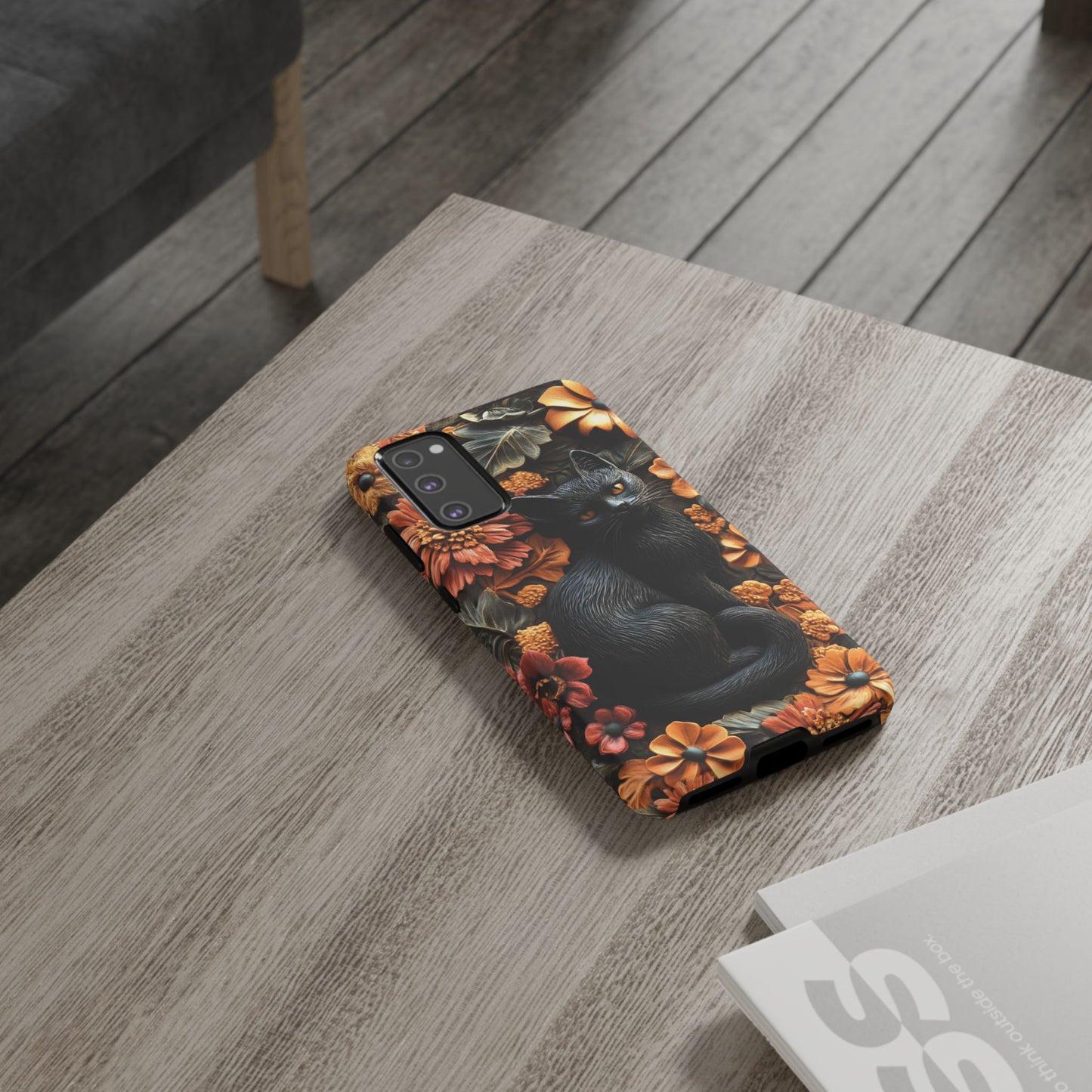 Black Cat Floral Fall Phone Case - Carved Clay Effect Cat Lover Phone Cases - iPhone 16 15 14 13 12 11, Samsung Galaxy & Google Pixel Phone Covers