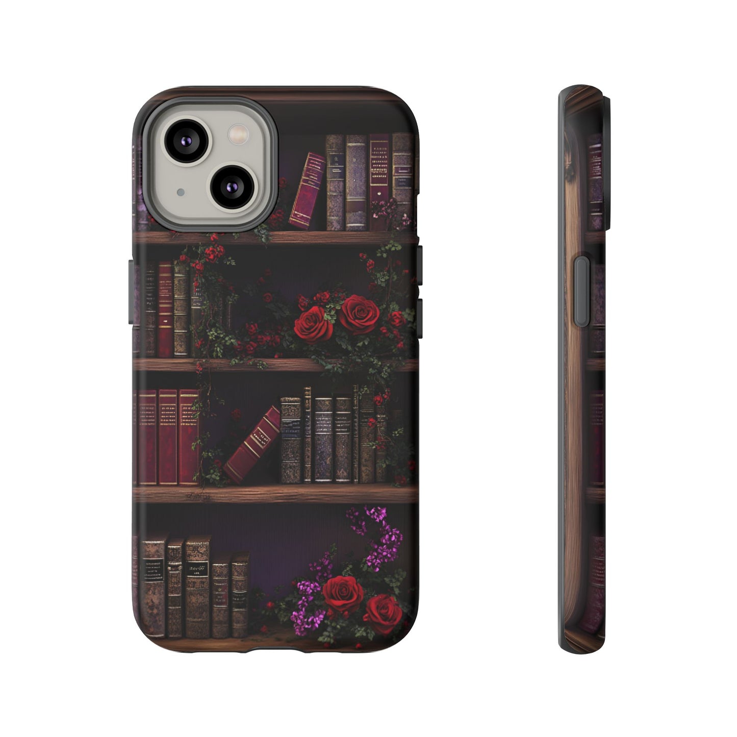 Book Lovers Phone Case - Roses and Books in Moody Vintage Bookshelf - iPhone 16 15 14 13 12 11, Samsung Galaxy & Google Pixel Phone Covers