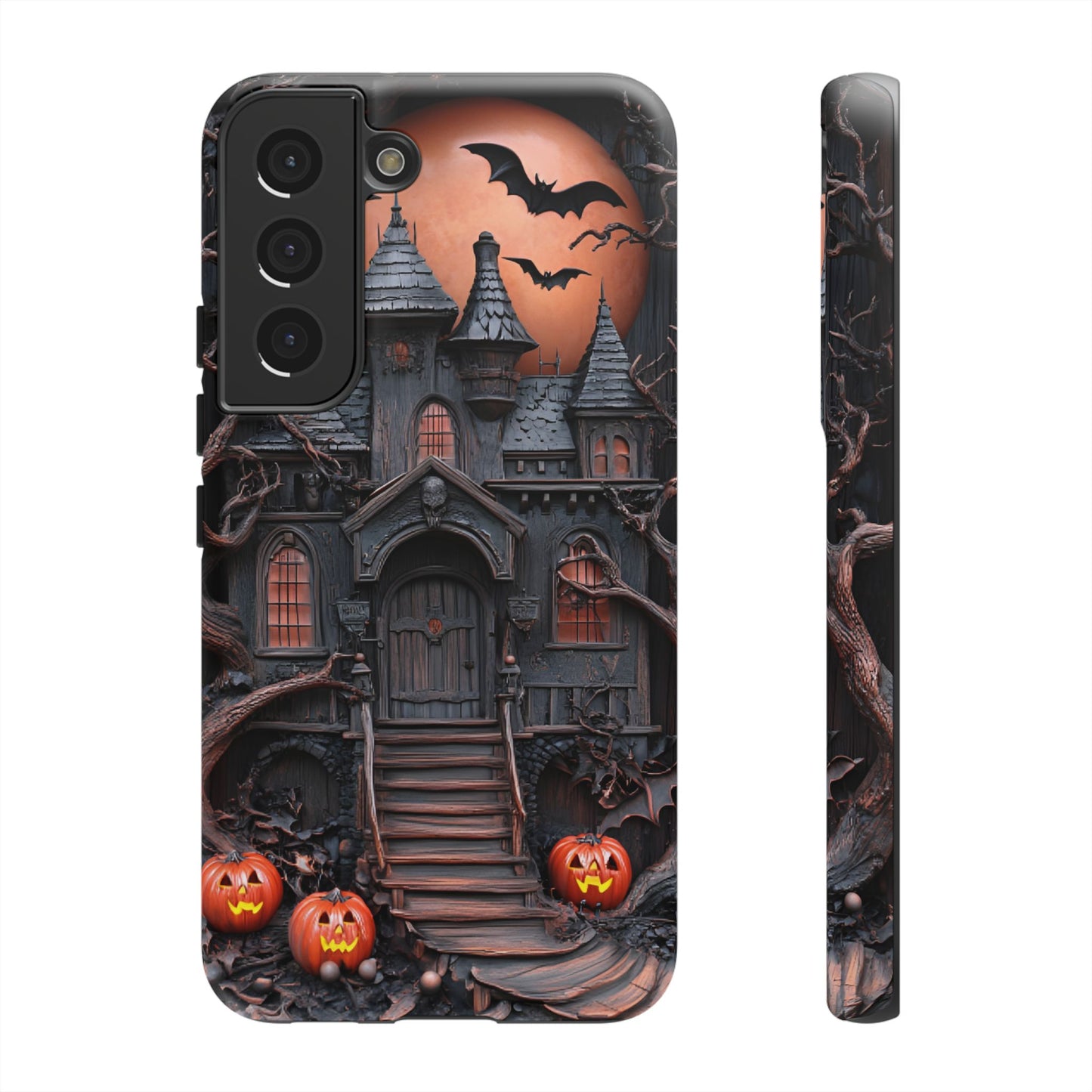 Carved Wood Haunted House Phone Case - Faux Wood Spooky Halloween Phone Cases for iPhone 16 15 14 13 12 11, Samsung Galaxy & Google Pixel