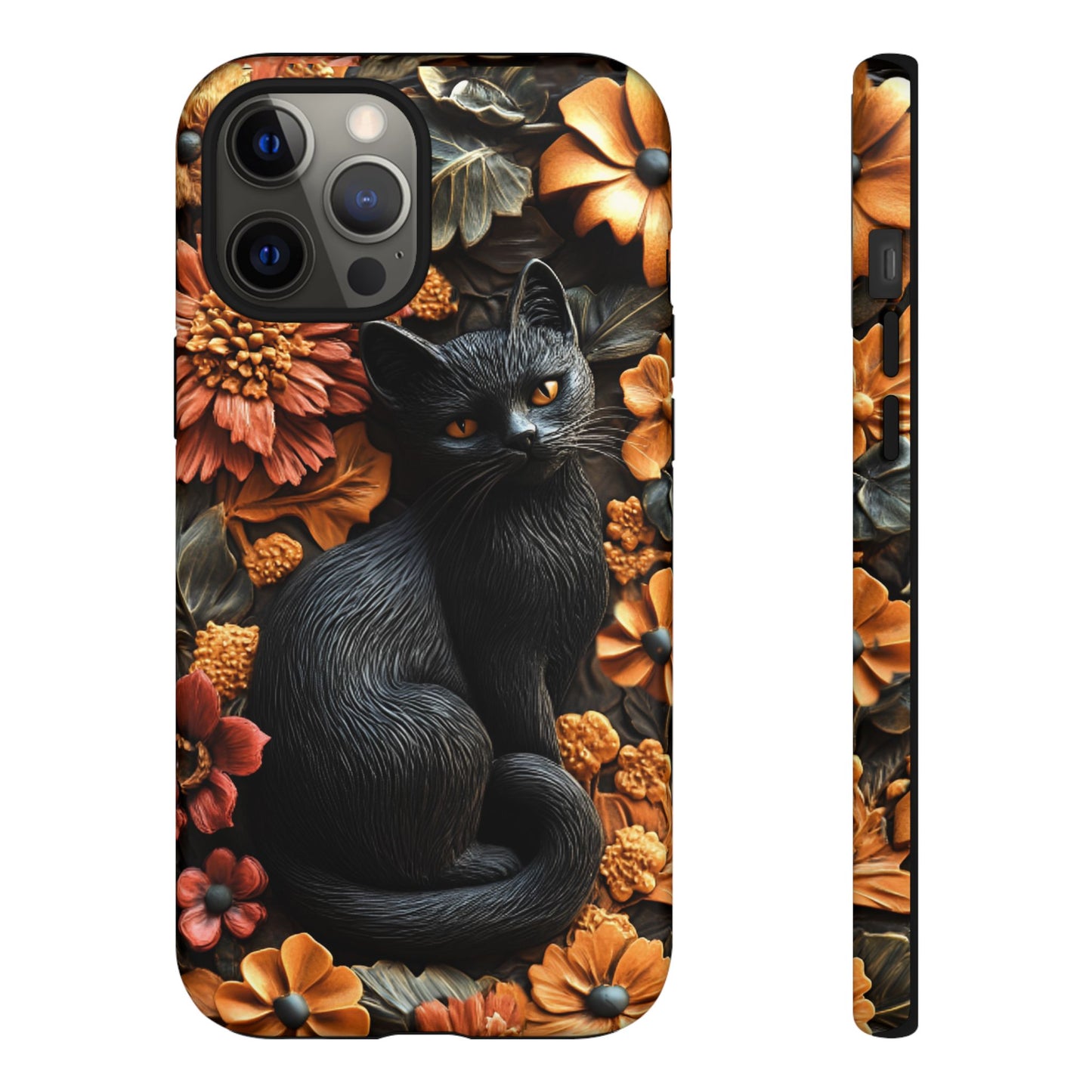 Black Cat Floral Fall Phone Case - Carved Clay Effect Cat Lover Phone Cases - iPhone 16 15 14 13 12 11, Samsung Galaxy & Google Pixel Phone Covers