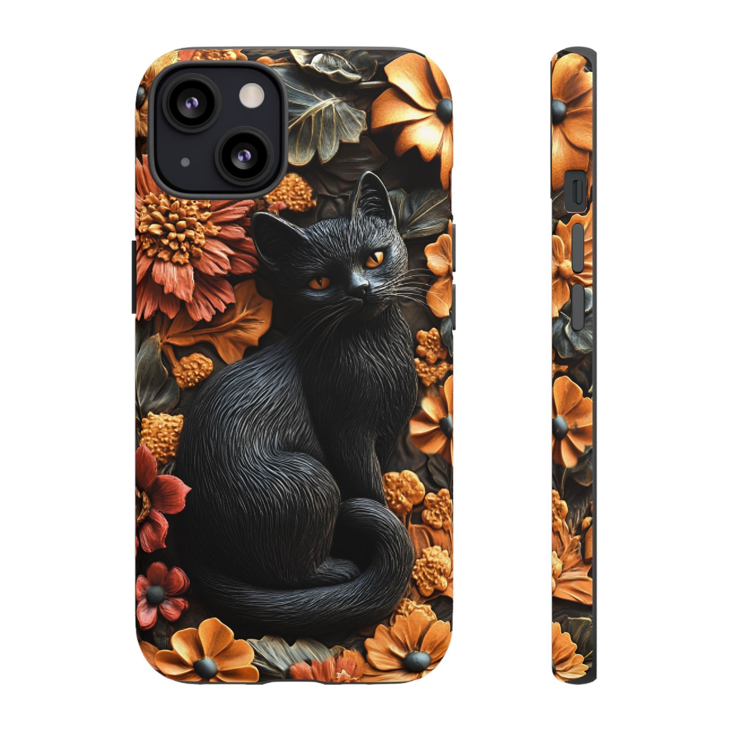 Black Cat Floral Fall Phone Case - Carved Clay Effect Cat Lover Phone Cases - iPhone 16 15 14 13 12 11, Samsung Galaxy & Google Pixel Phone Covers