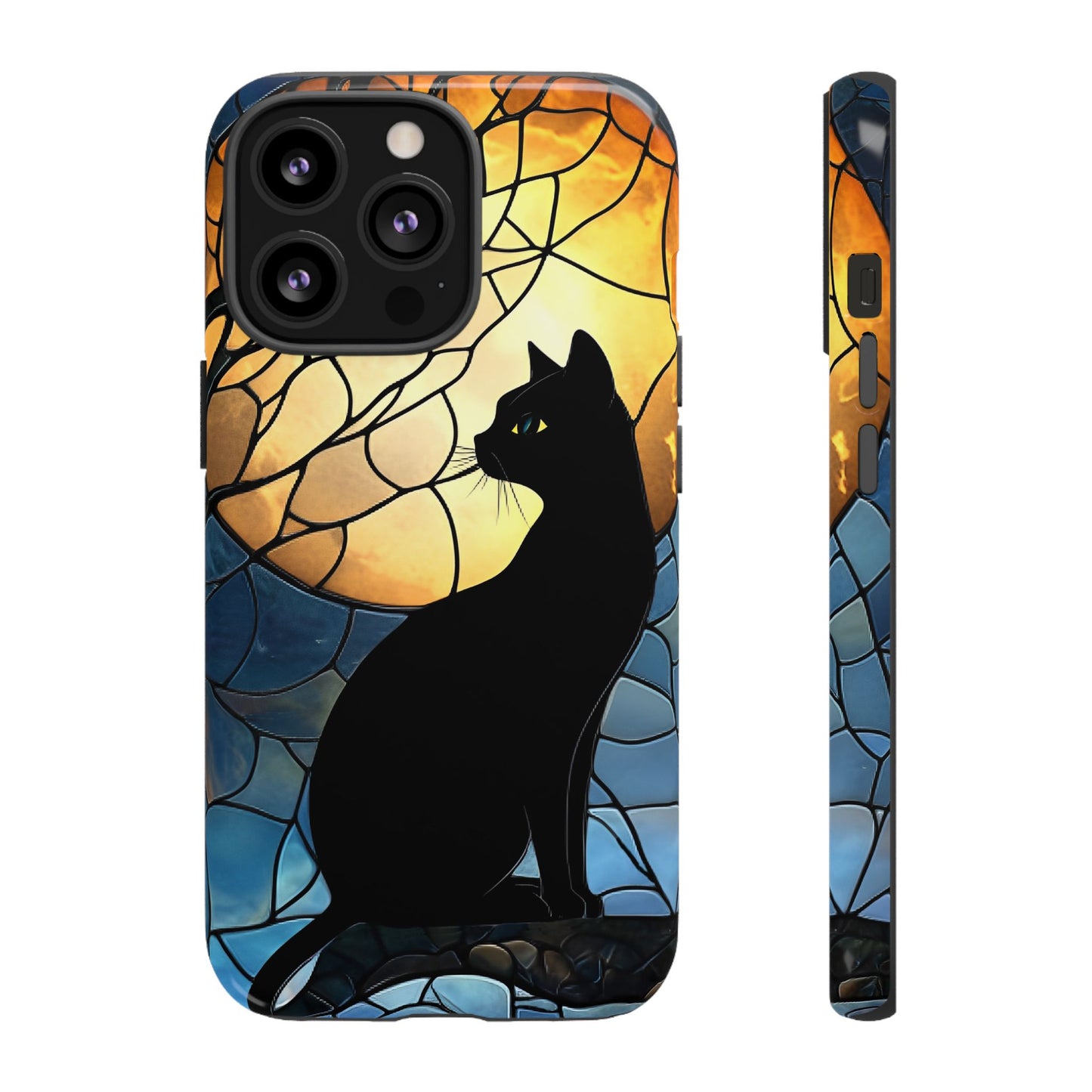 Black Cat and Moon Stained Glass Phone Case - Celestial Cat Lover Phone Cases for iPhone 16 15 14 13 12 11, Samsung Galaxy & Google Pixel