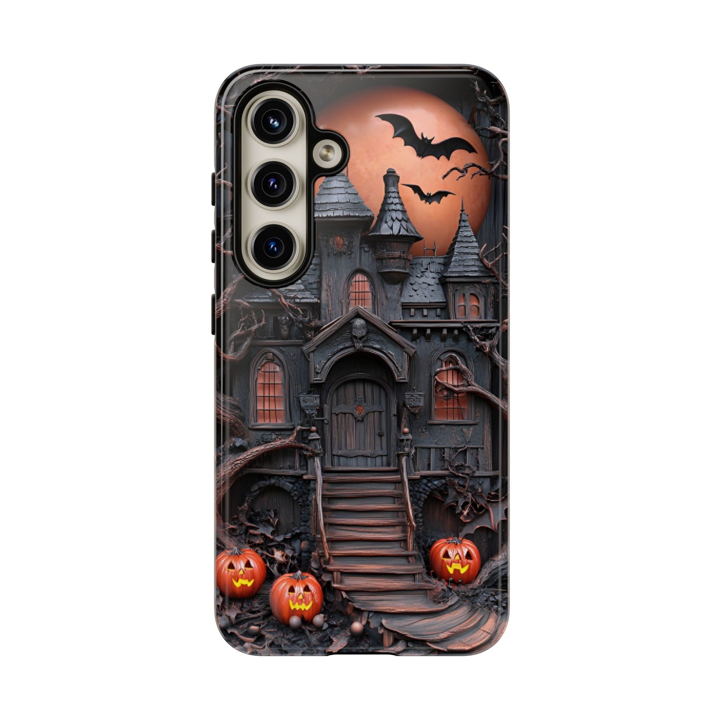 Carved Wood Haunted House Phone Case - Faux Wood Spooky Halloween Phone Cases for iPhone 16 15 14 13 12 11, Samsung Galaxy & Google Pixel