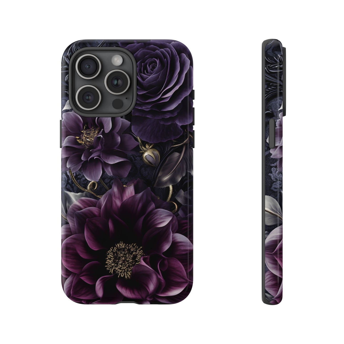 Gothic Dark Floral Phone Case - Aesthetic Purple and Gold Flowers for iPhone 16 15 14 13 12 11, Samsung Galaxy & Google Pixel