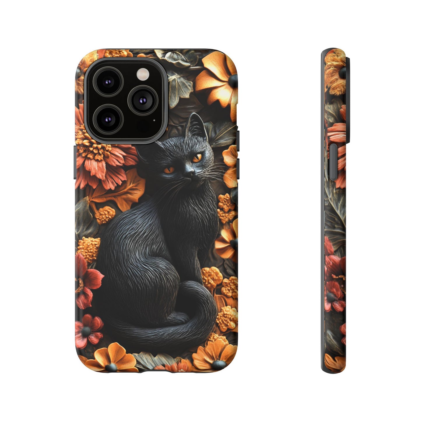 Black Cat Floral Fall Phone Case - Carved Clay Effect Cat Lover Phone Cases for iPhone 16 15 14 13 12 11, Samsung Galaxy & Google Pixel