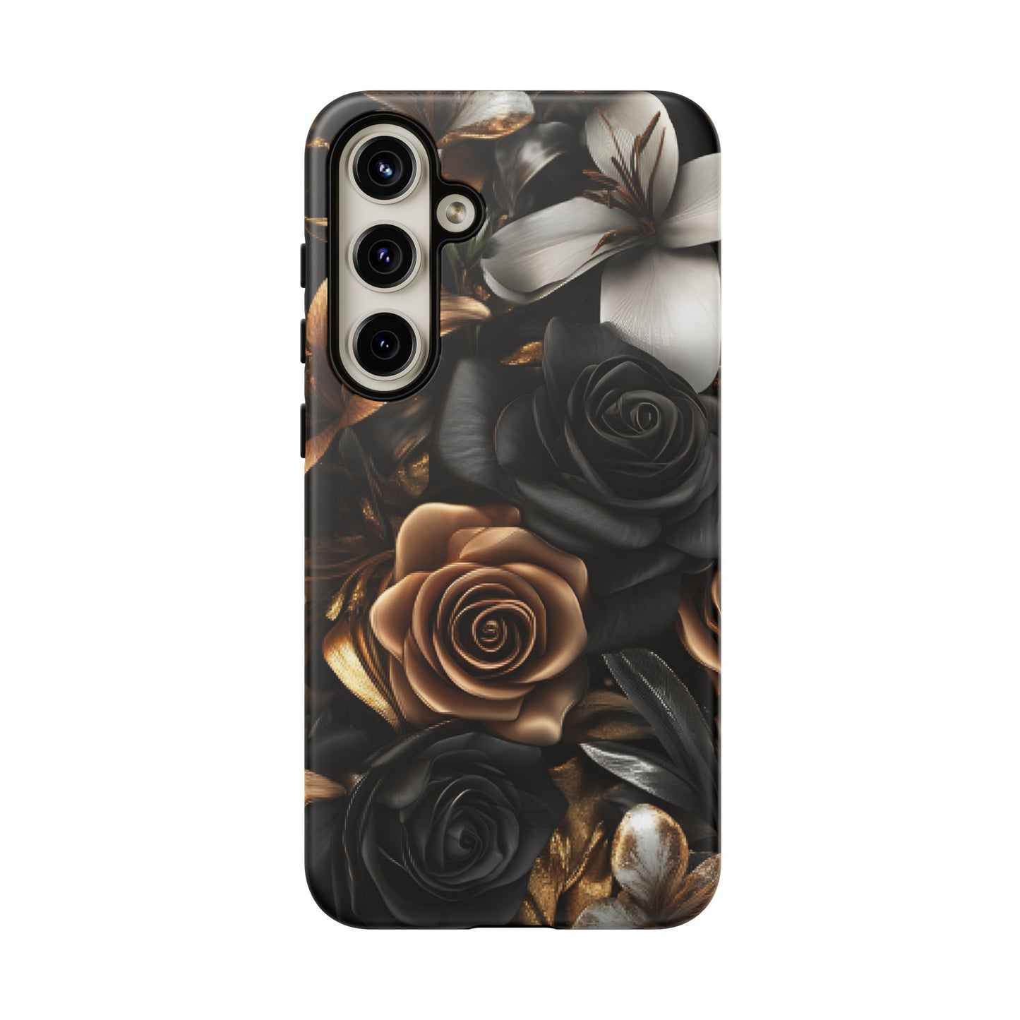 Floral Phone Case - Black and Gold Roses - iPhone 16 15 14 13 12 11, Samsung Galaxy & Google Pixel Phone Covers