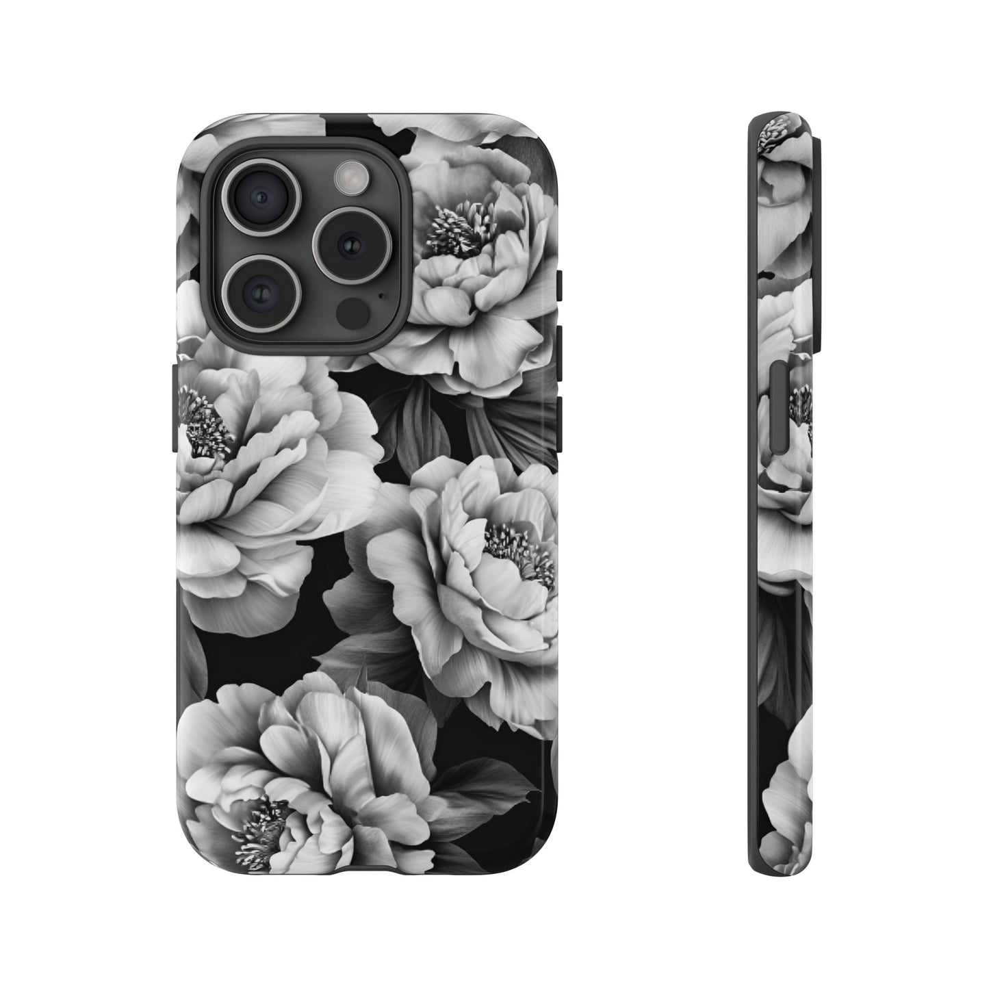 Black and White Peony Flower Phone Case - Aesthetic Dark Floral Phone Cases for iPhone 16 15 14 13 12 11, Samsung Galaxy & Google Pixel