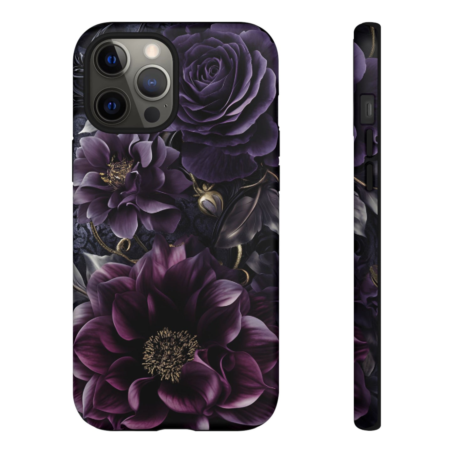 Gothic Dark Floral Phone Case - Aesthetic Purple and Gold Flowers for iPhone 16 15 14 13 12 11, Samsung Galaxy & Google Pixel