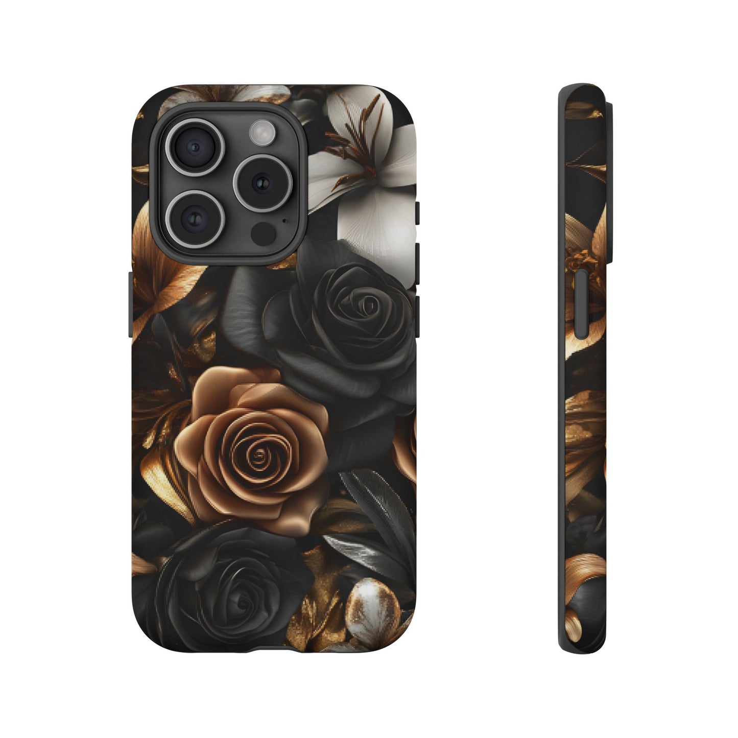 Floral Phone Case - Black and Gold Roses for iPhone 16 15 14 13 12 11, Samsung Galaxy & Google Pixel