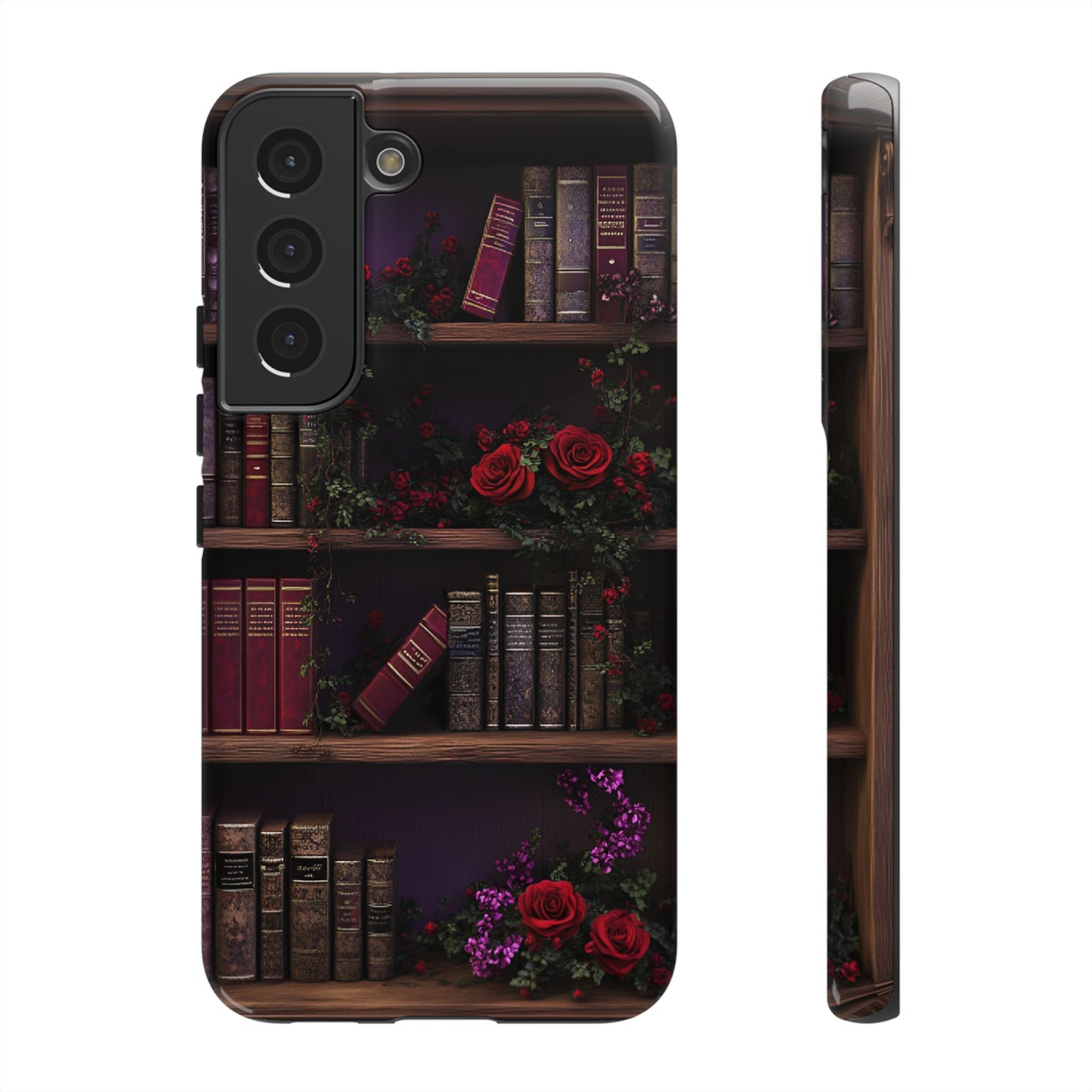 Book Lovers Phone Case - Roses and Books in Moody Vintage Bookshelf - iPhone 16 15 14 13 12 11, Samsung Galaxy & Google Pixel Phone Covers