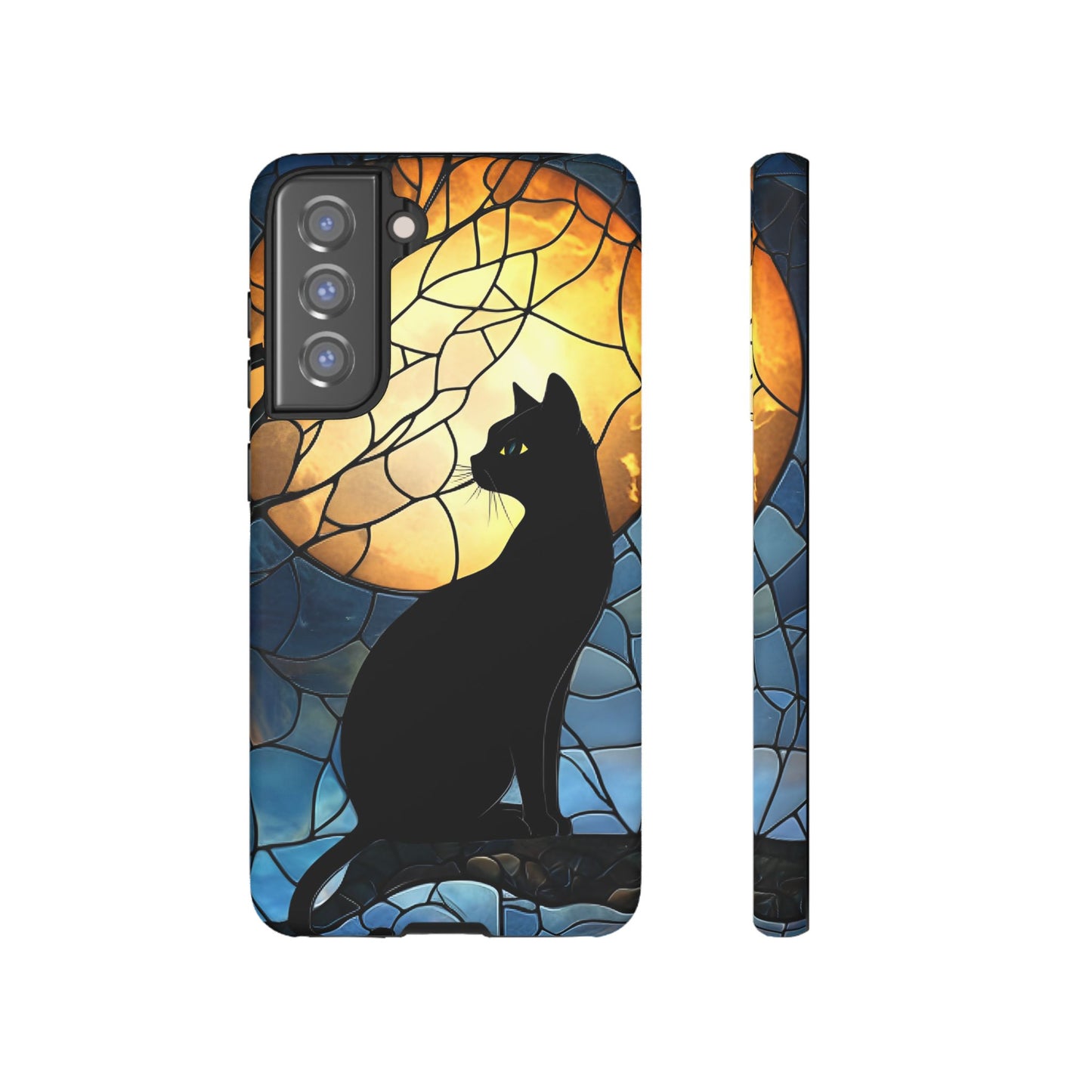 Black Cat and Moon Stained Glass Phone Case - Celestial Cat Lover Phone Cases for iPhone 16 15 14 13 12 11, Samsung Galaxy & Google Pixel