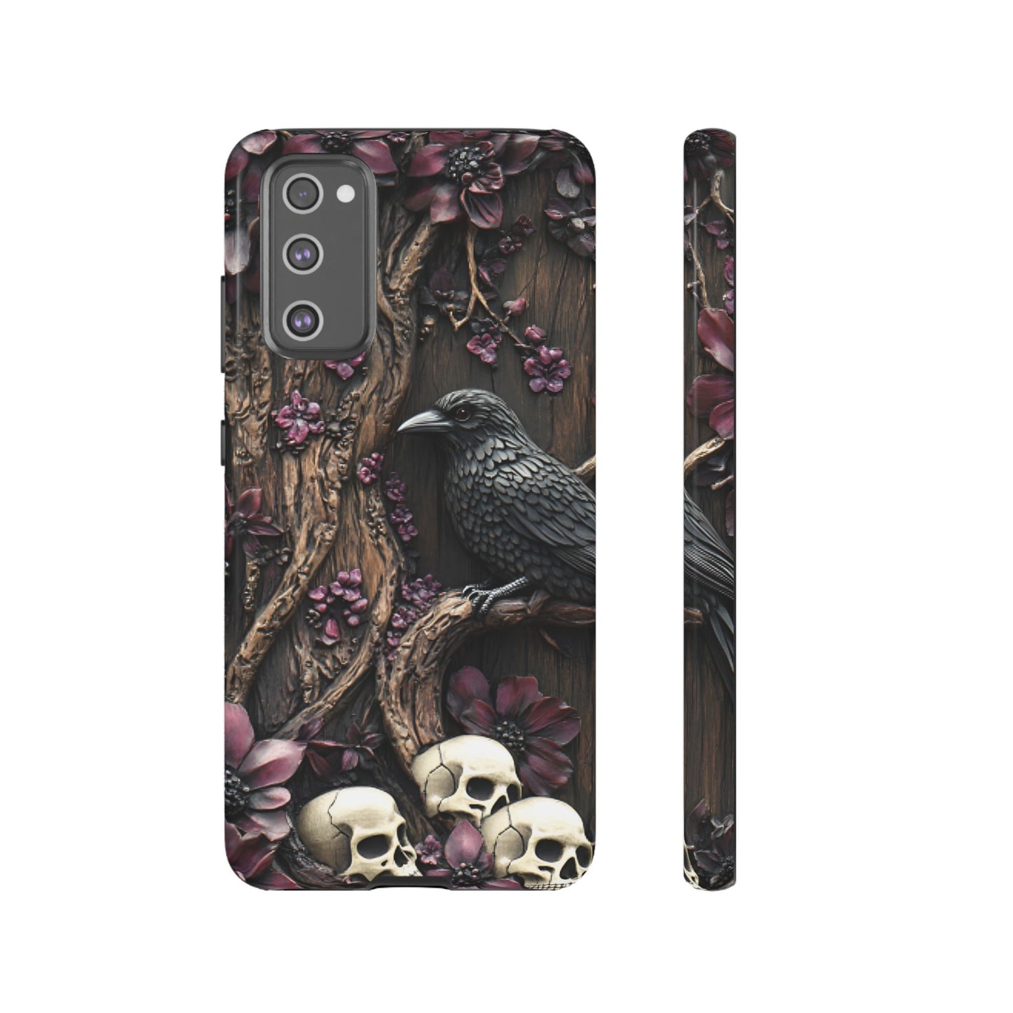 Raven and Skulls Phone Case - Gothic Faux Wood Phone Cases - iPhone 16 15 14 13 12 11, Samsung Galaxy & Google Pixel Phone Covers