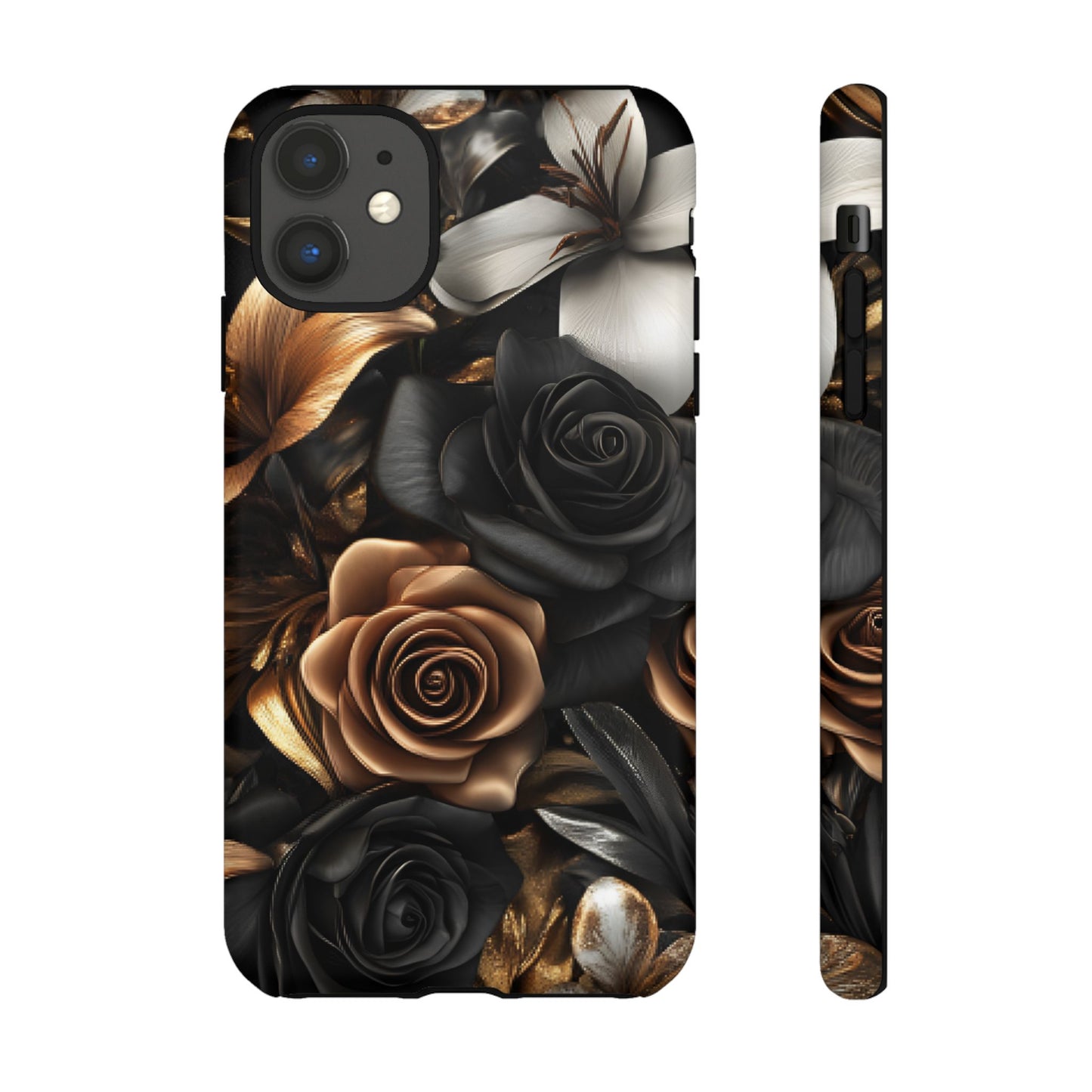 Floral Phone Case - Black and Gold Roses for iPhone 16 15 14 13 12 11, Samsung Galaxy & Google Pixel