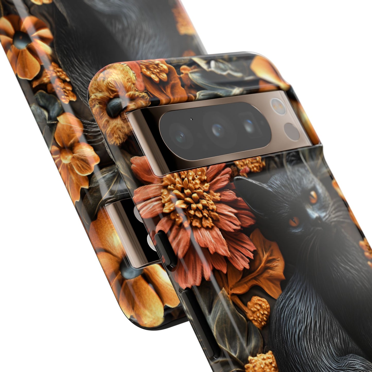 Black Cat Floral Fall Phone Case - Carved Clay Effect Cat Lover Phone Cases for iPhone 16 15 14 13 12 11, Samsung Galaxy & Google Pixel