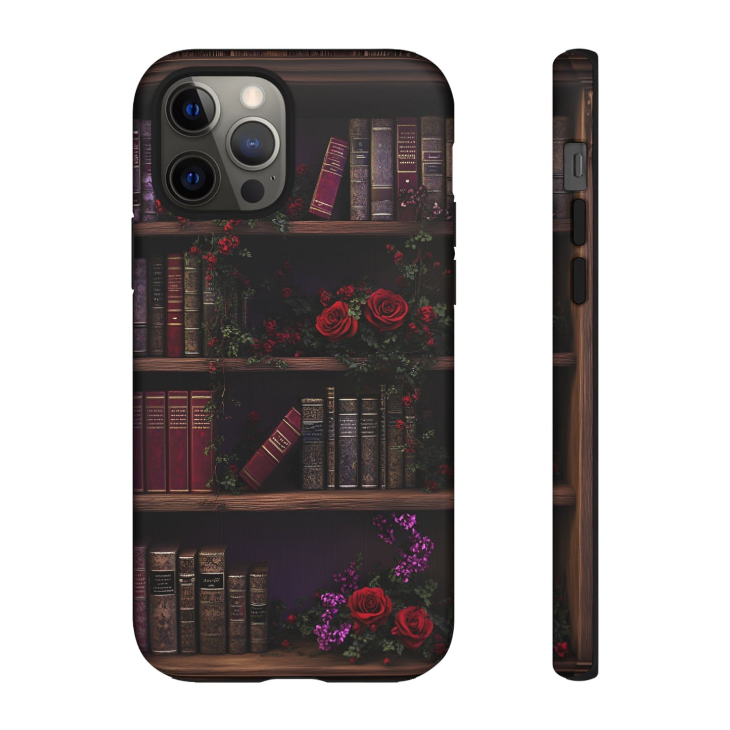 Book Lovers Phone Case - Roses and Books in Moody Vintage Bookshelf for iPhone 16 15 14 13 12 11, Samsung Galaxy & Google Pixel