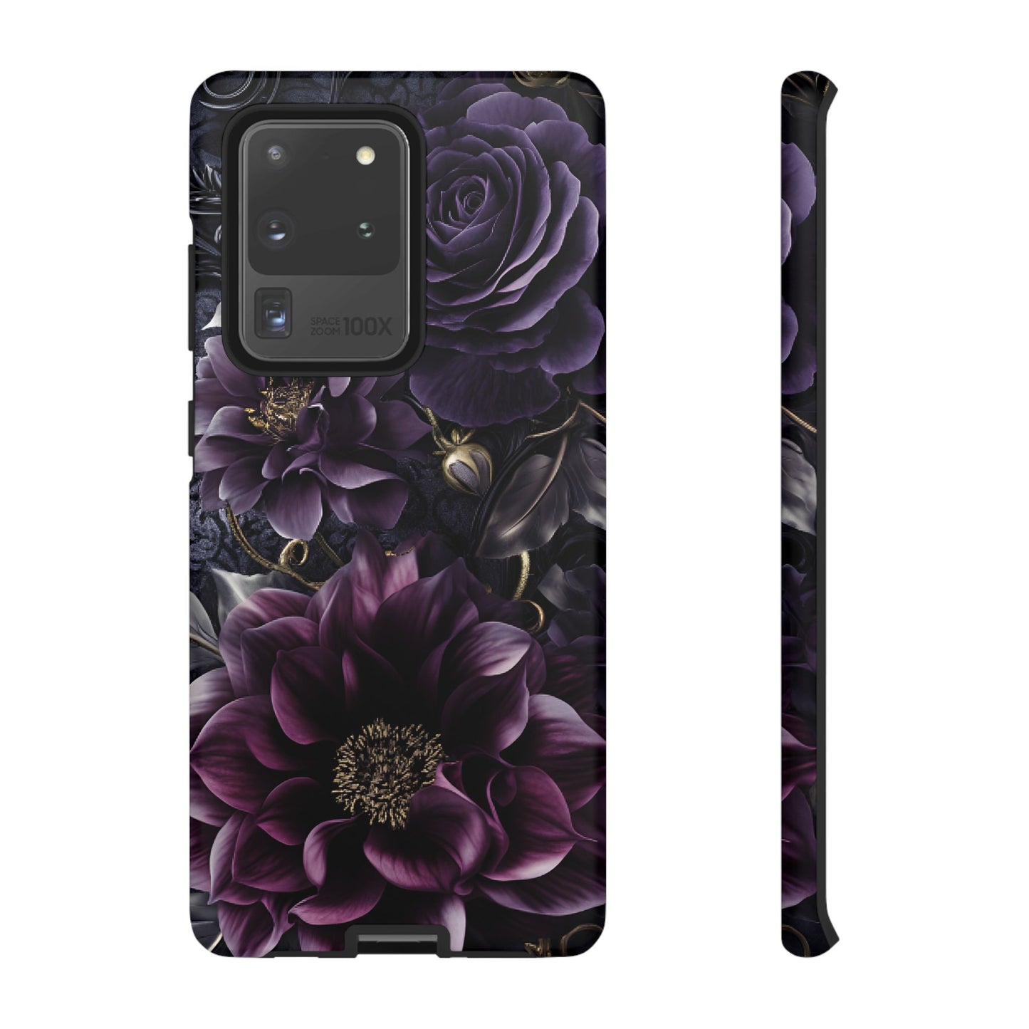 Gothic Dark Floral Phone Case - Aesthetic Purple and Gold Flowers for iPhone 16 15 14 13 12 11, Samsung Galaxy & Google Pixel