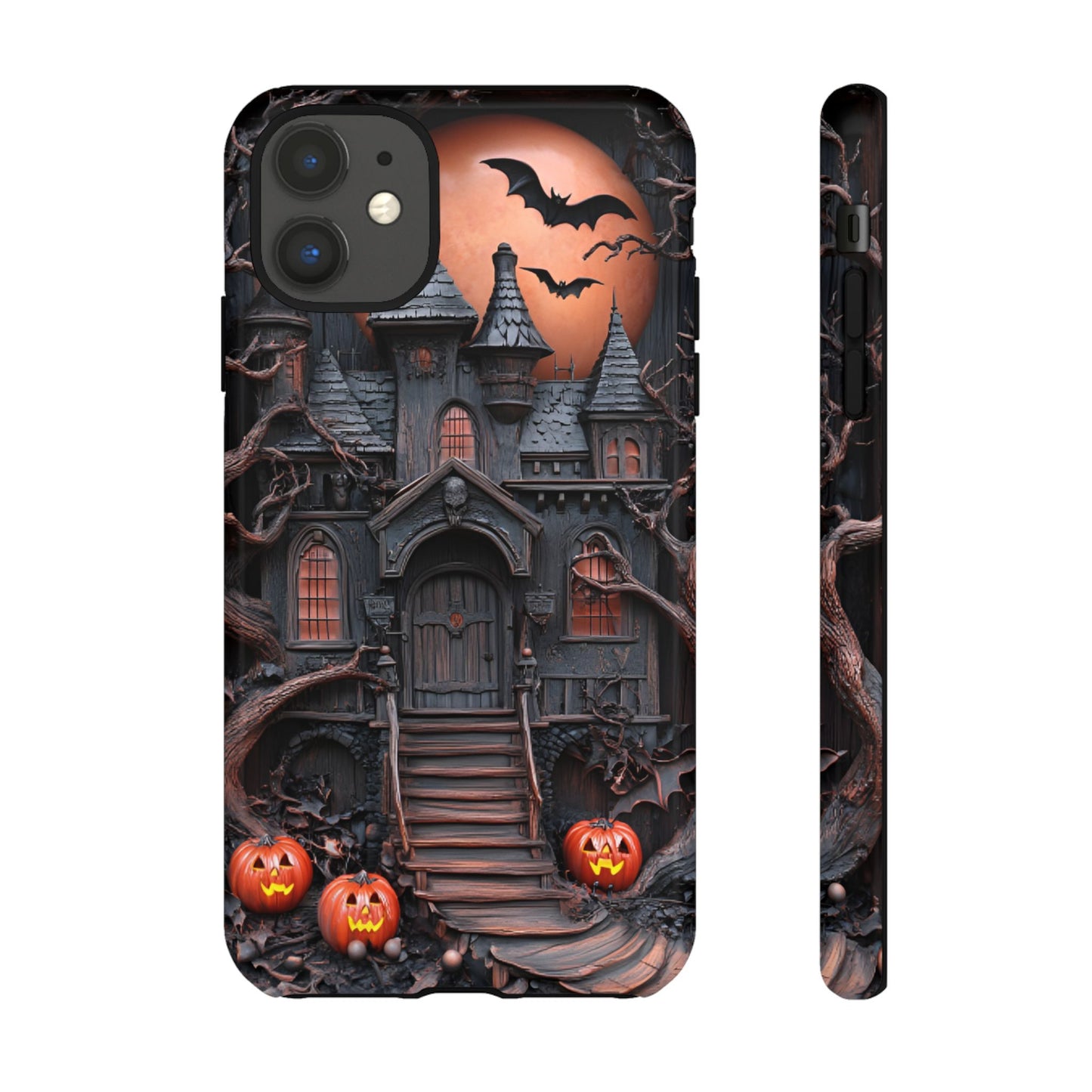 Carved Wood Haunted House Phone Case - Faux Wood Spooky Halloween Phone Cases for iPhone 16 15 14 13 12 11, Samsung Galaxy & Google Pixel