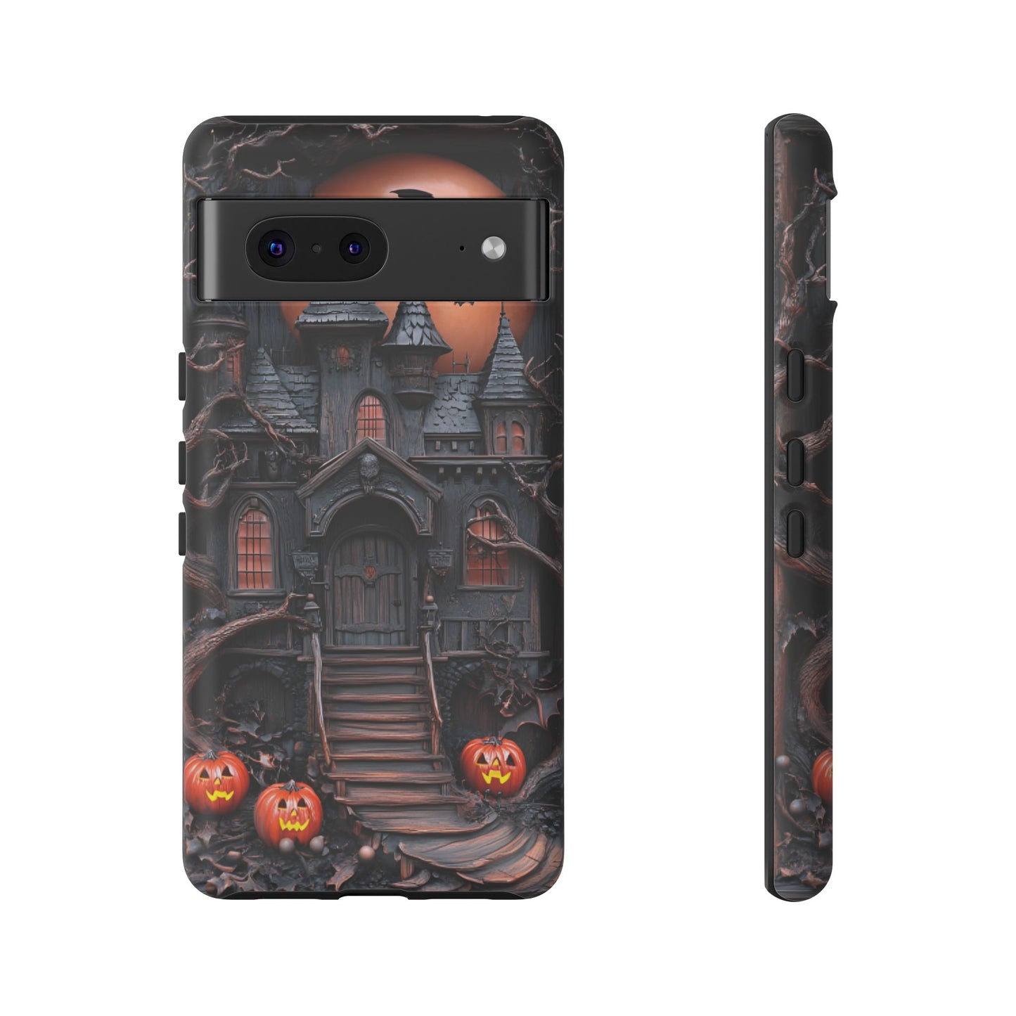 Carved Wood Haunted House Phone Case - Faux Wood Spooky Halloween Phone Cases for iPhone 16 15 14 13 12 11, Samsung Galaxy & Google Pixel