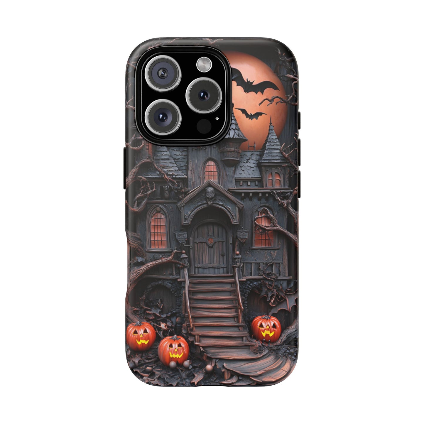 Carved Wood Haunted House Phone Case - Faux Wood Spooky Halloween Phone Cases for iPhone 16 15 14 13 12 11, Samsung Galaxy & Google Pixel