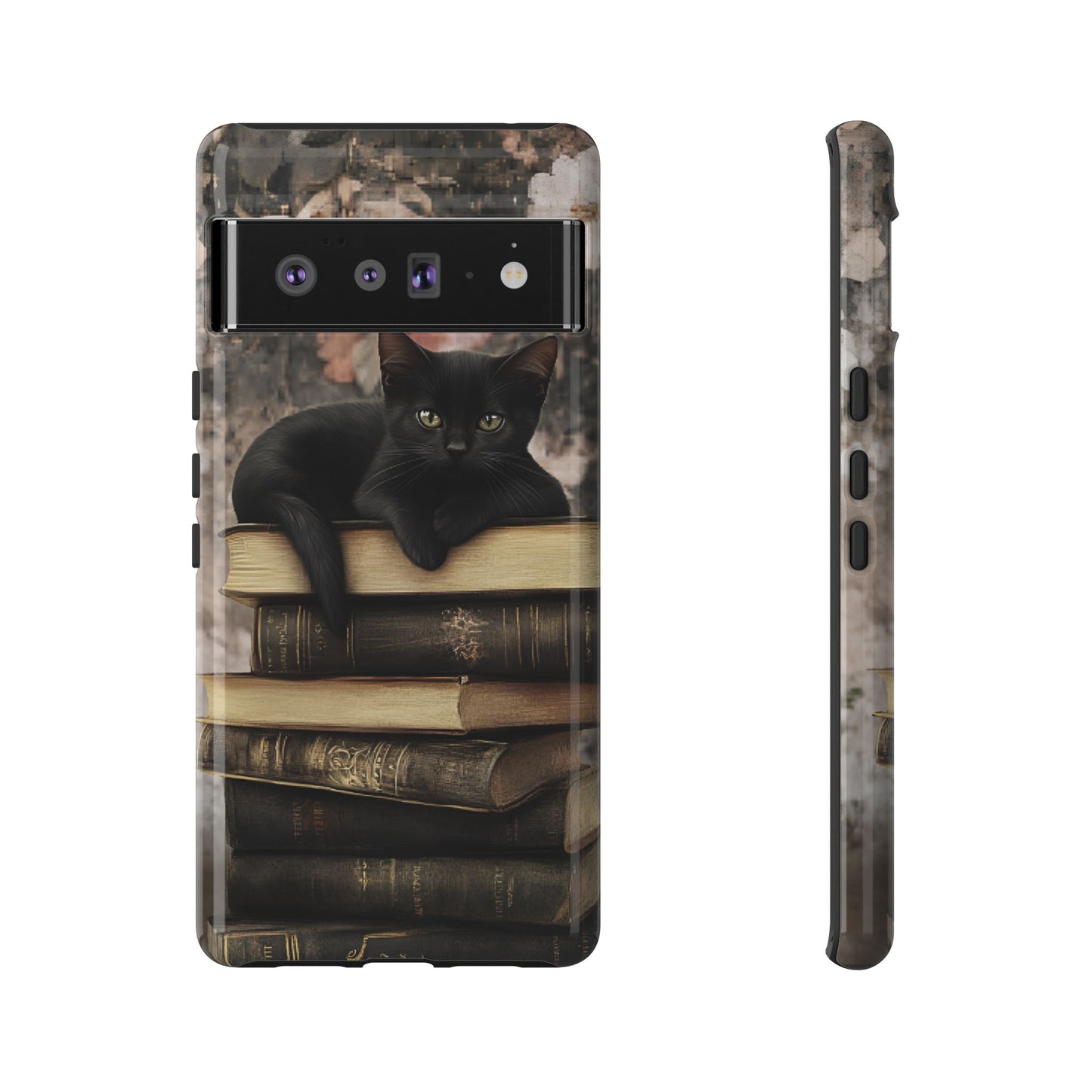 Black Cat and Books Phone Case - Vintage Dark Academia Library Phone Cases for iPhone 16 15 14 13 12 11, Samsung Galaxy & Google Pixel