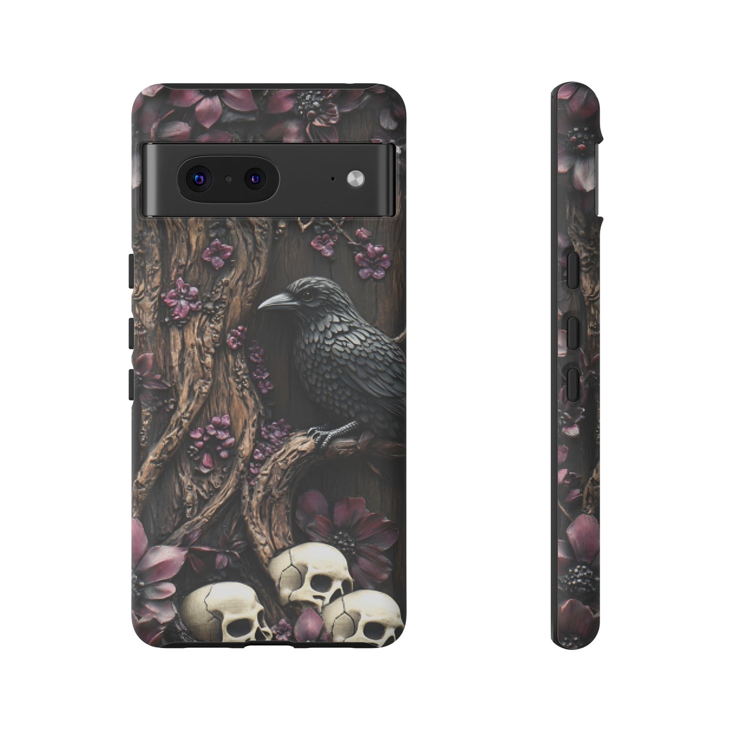 Raven and Skulls Phone Case - Gothic Faux Wood Phone Cases - iPhone 16 15 14 13 12 11, Samsung Galaxy & Google Pixel Phone Covers