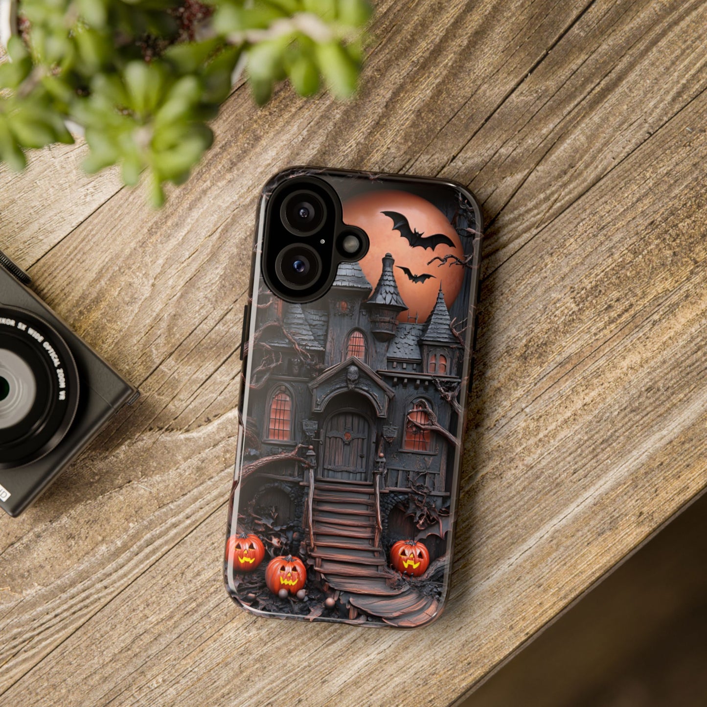 Carved Wood Haunted House Phone Case - Faux Wood Spooky Halloween Phone Cases for iPhone 16 15 14 13 12 11, Samsung Galaxy & Google Pixel