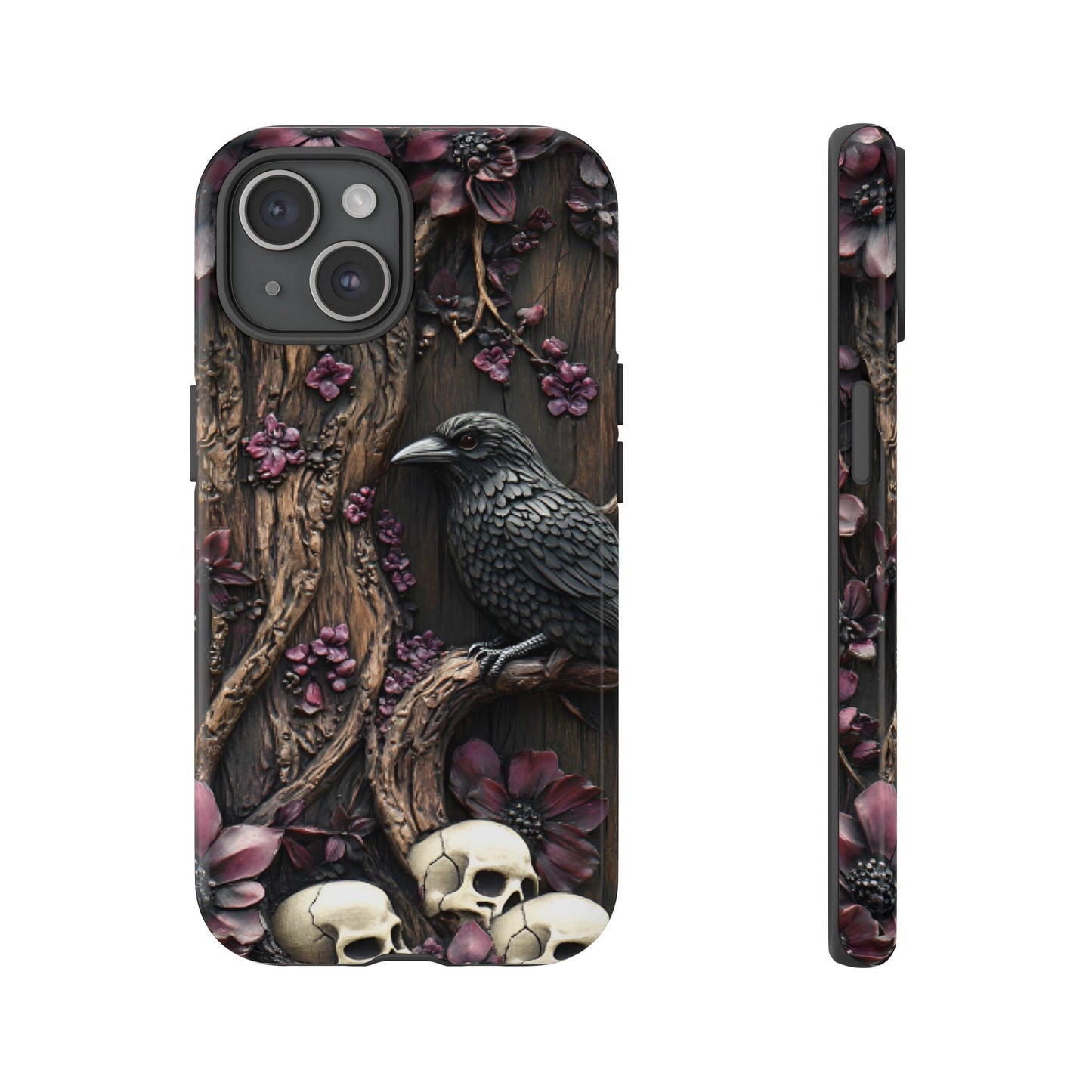 Raven and Skulls Phone Case - Gothic Faux Wood Phone Cases - iPhone 16 15 14 13 12 11, Samsung Galaxy & Google Pixel Phone Covers