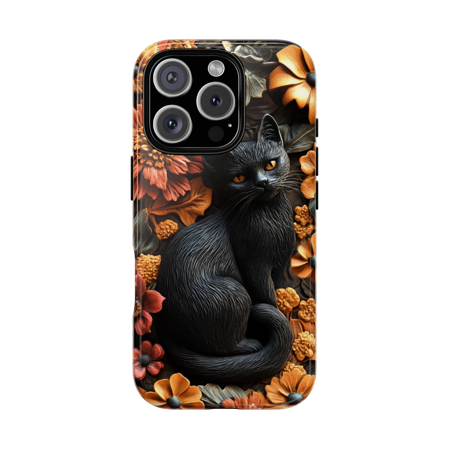 Black Cat Floral Fall Phone Case - Carved Clay Effect Cat Lover Phone Cases - iPhone 16 15 14 13 12 11, Samsung Galaxy & Google Pixel Phone Covers