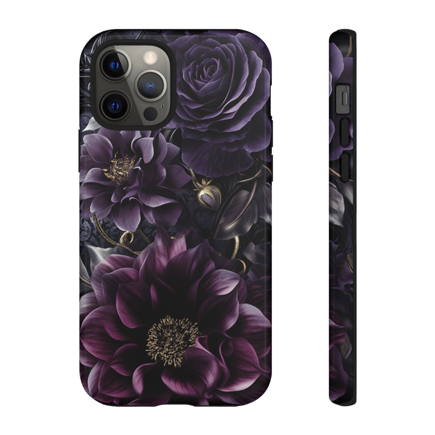 Gothic Dark Floral Phone Case - Aesthetic Purple and Gold Flowers for iPhone 16 15 14 13 12 11, Samsung Galaxy & Google Pixel