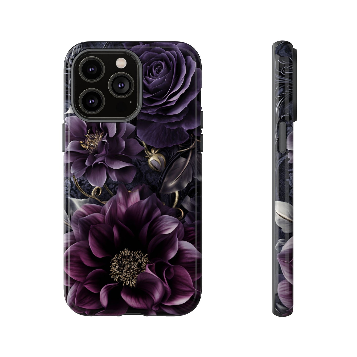 Gothic Dark Floral Phone Case - Aesthetic Purple and Gold Flowers - iPhone 16 15 14 13 12 11, Samsung Galaxy & Google Pixel Phone Covers