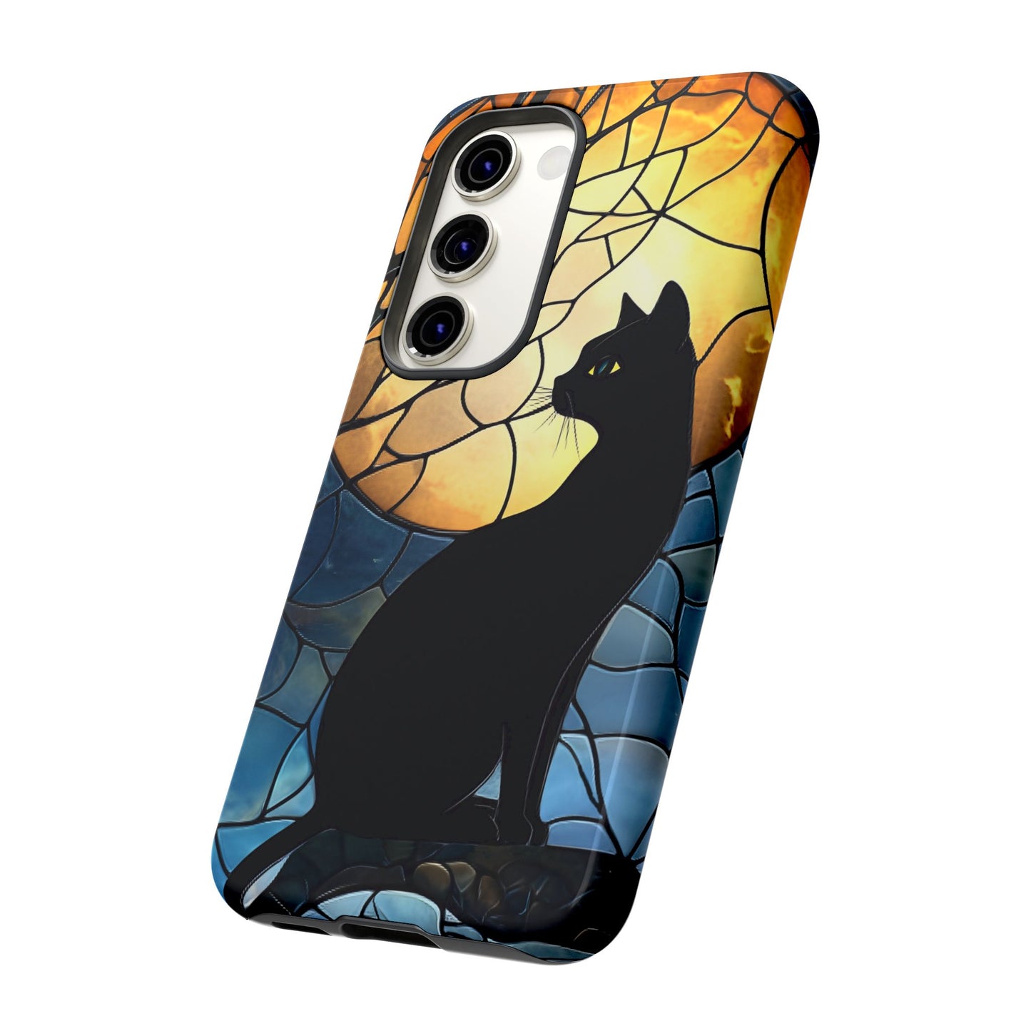 Black Cat and Moon Stained Glass Phone Case - Celestial Cat Lover Phone Cases for iPhone 16 15 14 13 12 11, Samsung Galaxy & Google Pixel